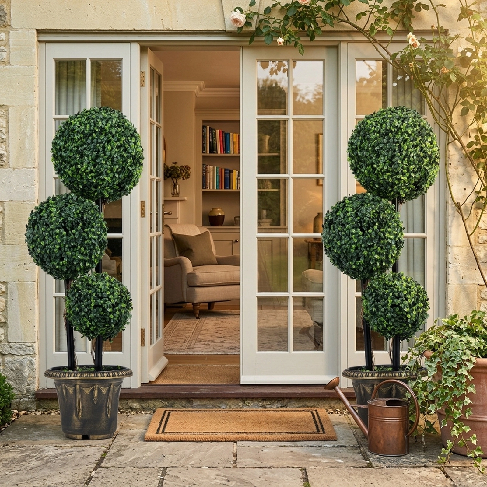 SUGIFT Set of 2 29-in and 35-in Artificial Boxwood Triple Ball Topiary Trees with Black-Golden Planters