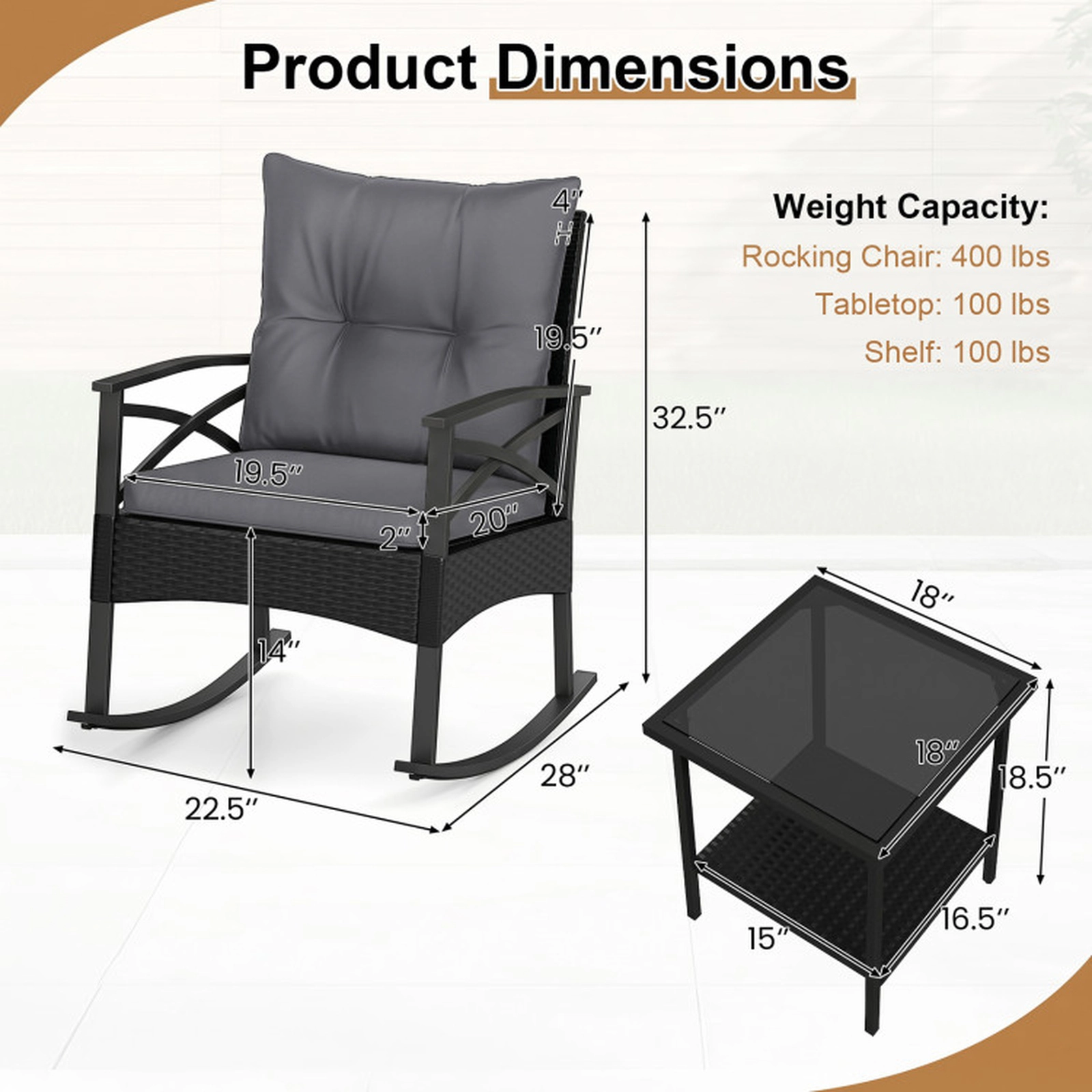 SUGIFT 3-Piece Outdoor Rattan Rocking Conversation Set Rocking Chairs & 2-Tier Side Table 400-lb Chair Capacity Black