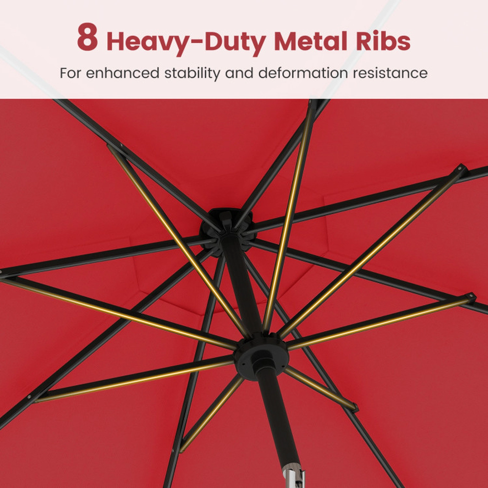 SUGIFT 10-Ft Red Solar Patio Umbrella, 96 LED Lights, 9 Color Modes, Crank Lift