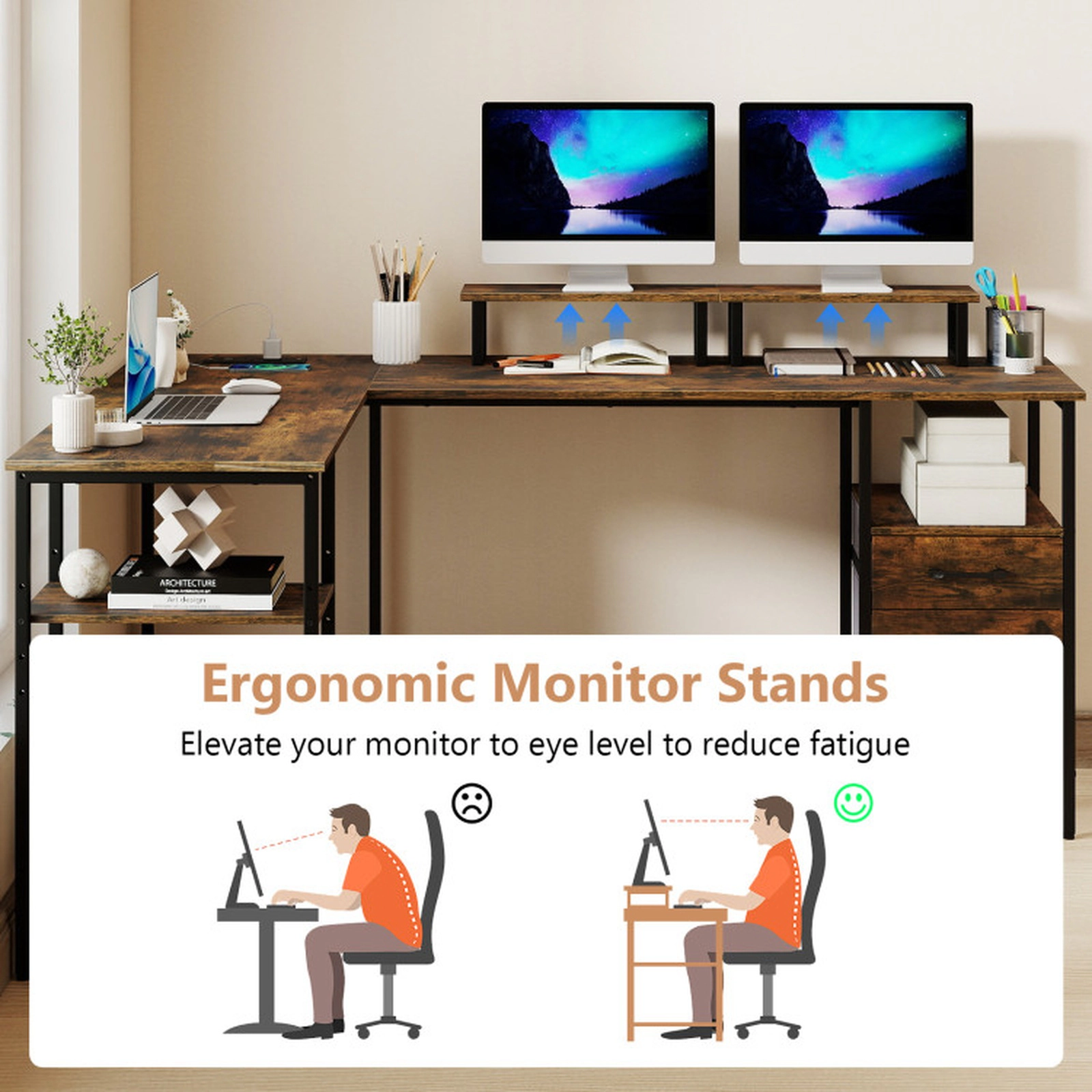 SUGIFT 155-lb Capacity Rustic Brown Reversible L-Shaped Desk with 2 Fabric Drawers and Monitor Stands