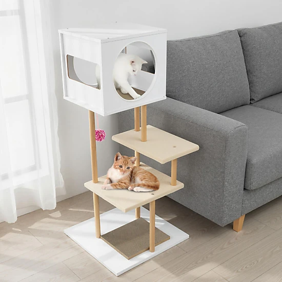 SUGIFT 40-in Tall Wood Cat Tree Tower with 2 Cardboard Cat Scratchers 2-Door Condo and Rubber Wood Poles