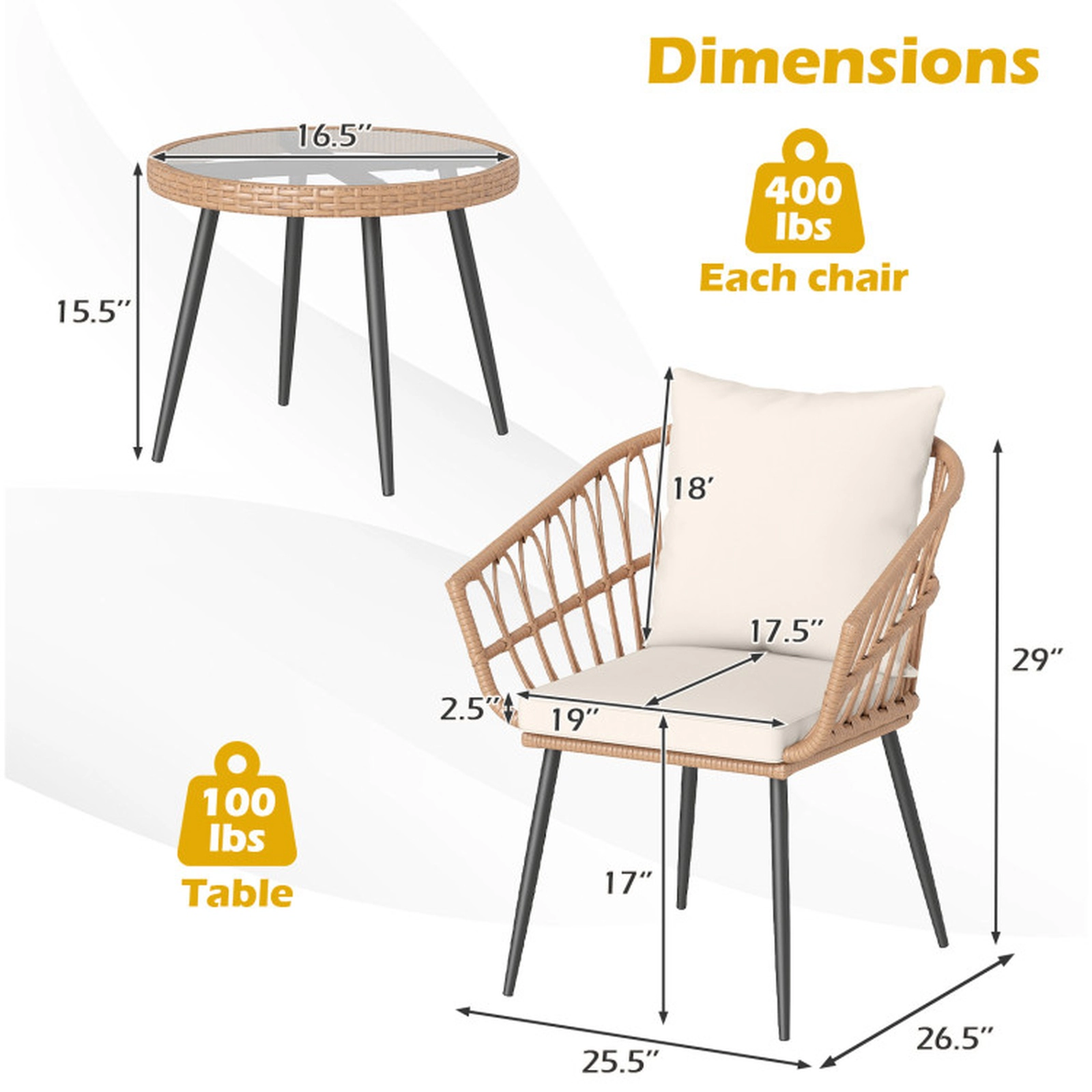 SUGIFT 3 Piece PE Rattan Patio Bistro Conversation Set Tempered Glass Coffee Table 110-lb Table 330-lb Chairs Natural