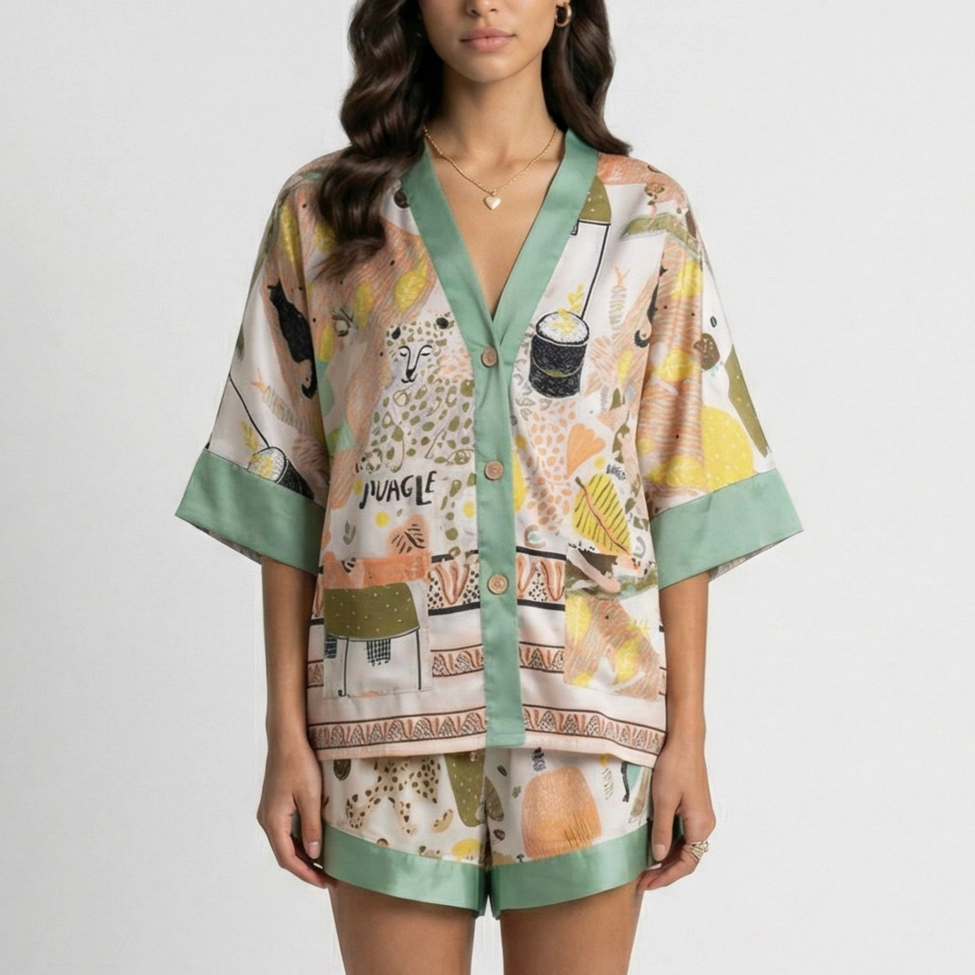 Anna-Kaci Women's Animal Print Pajama Set with Short Sleeves Button Up Top and Contrast Trim Shorts