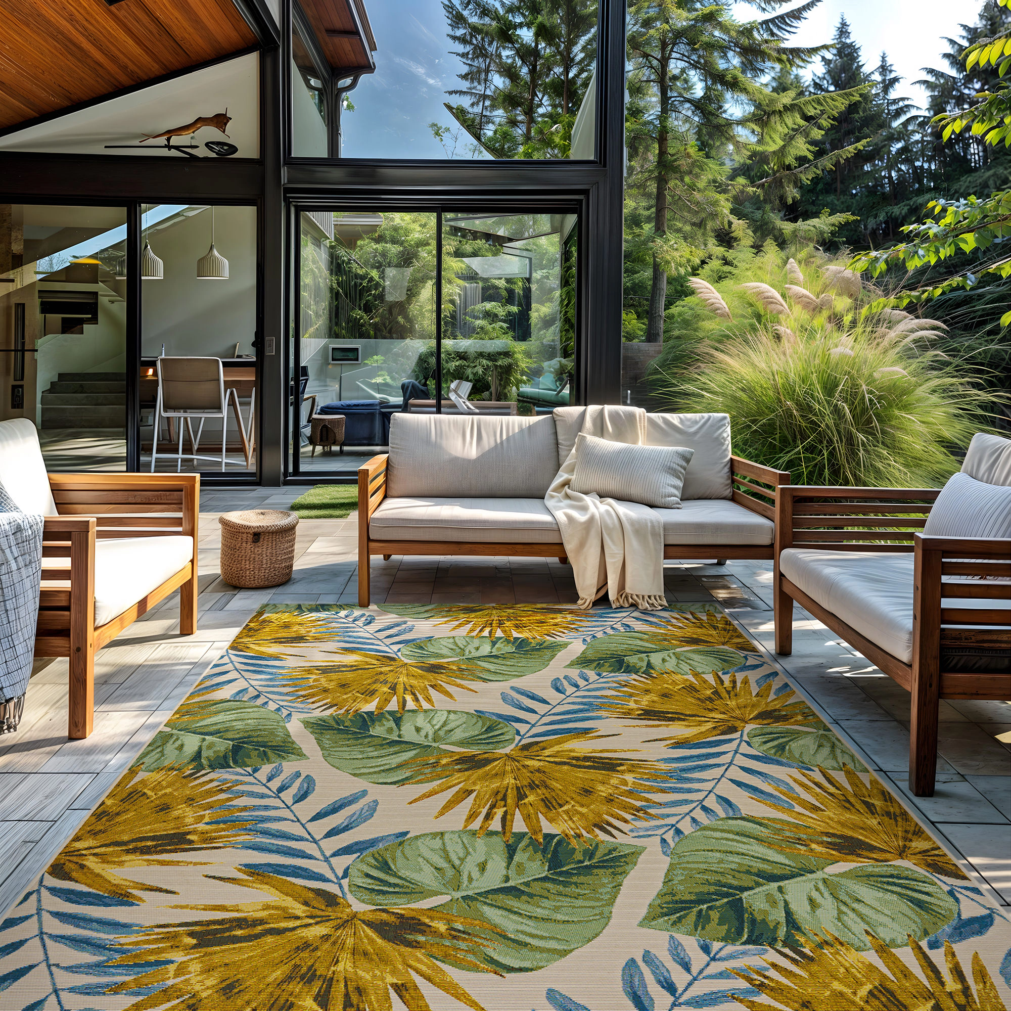 World Rug Gallery Tropical Garden Palm Indoor/Outdoor Patio Area Rug, Easy-Clean Outdoor Rug for