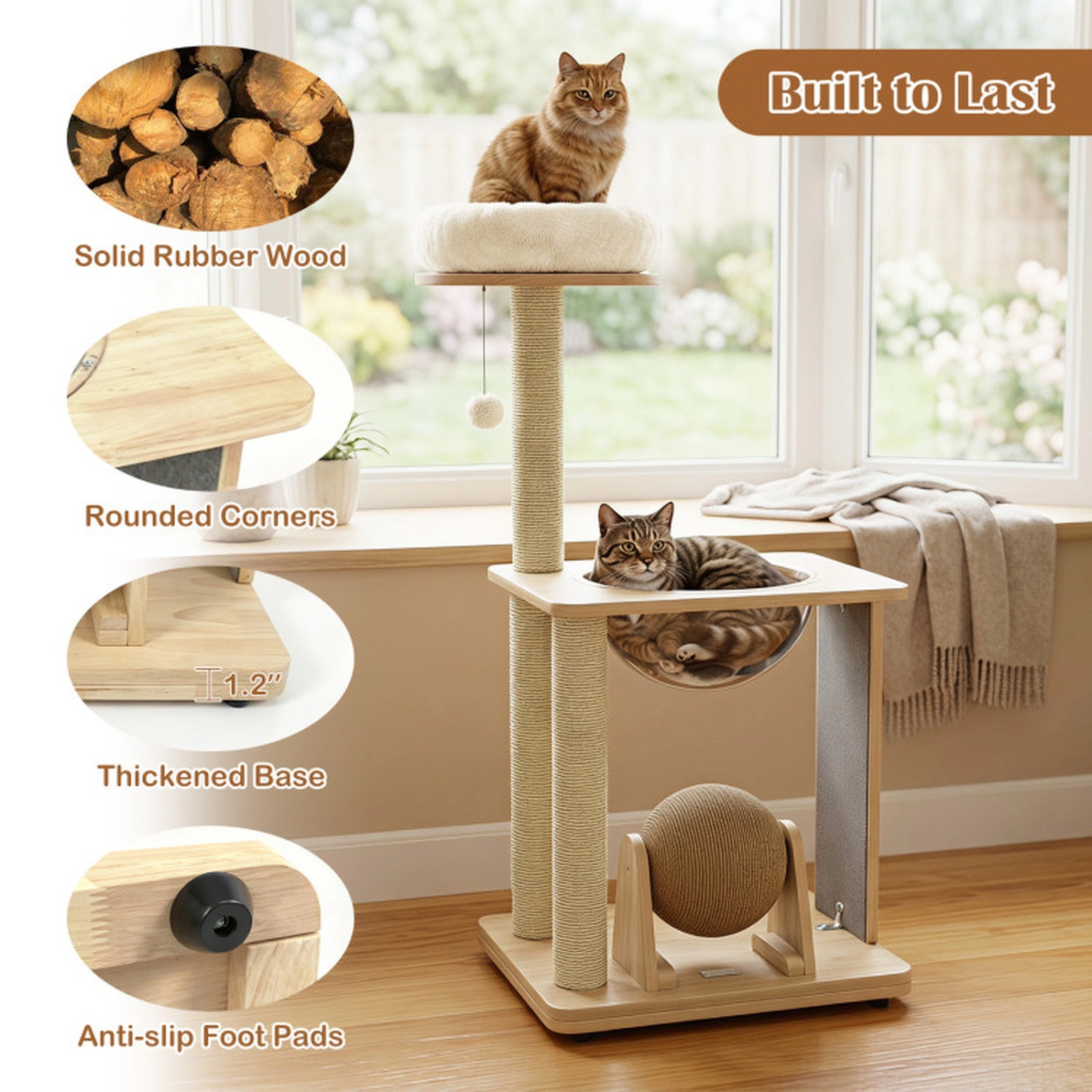 SUGIFT Natural Wood Cat Tree with Space Capsule and Scratching Ball 23.5-in W 21-in D 40-in H 33-lb Per Layer