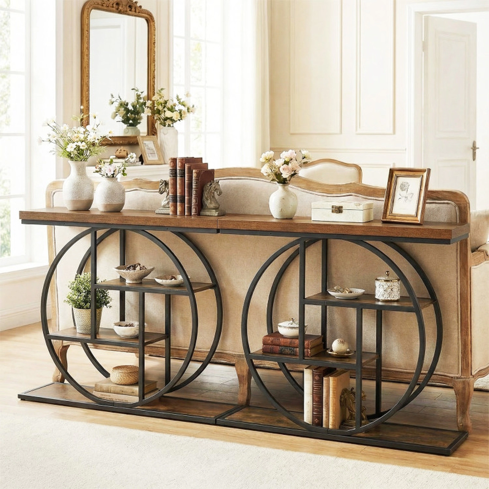 SUGIFT 4-Tier Console Table 41 x 12 in Entryway Table with Storage Shelves 110-lb Tabletop Capacity Rustic Brown & Black