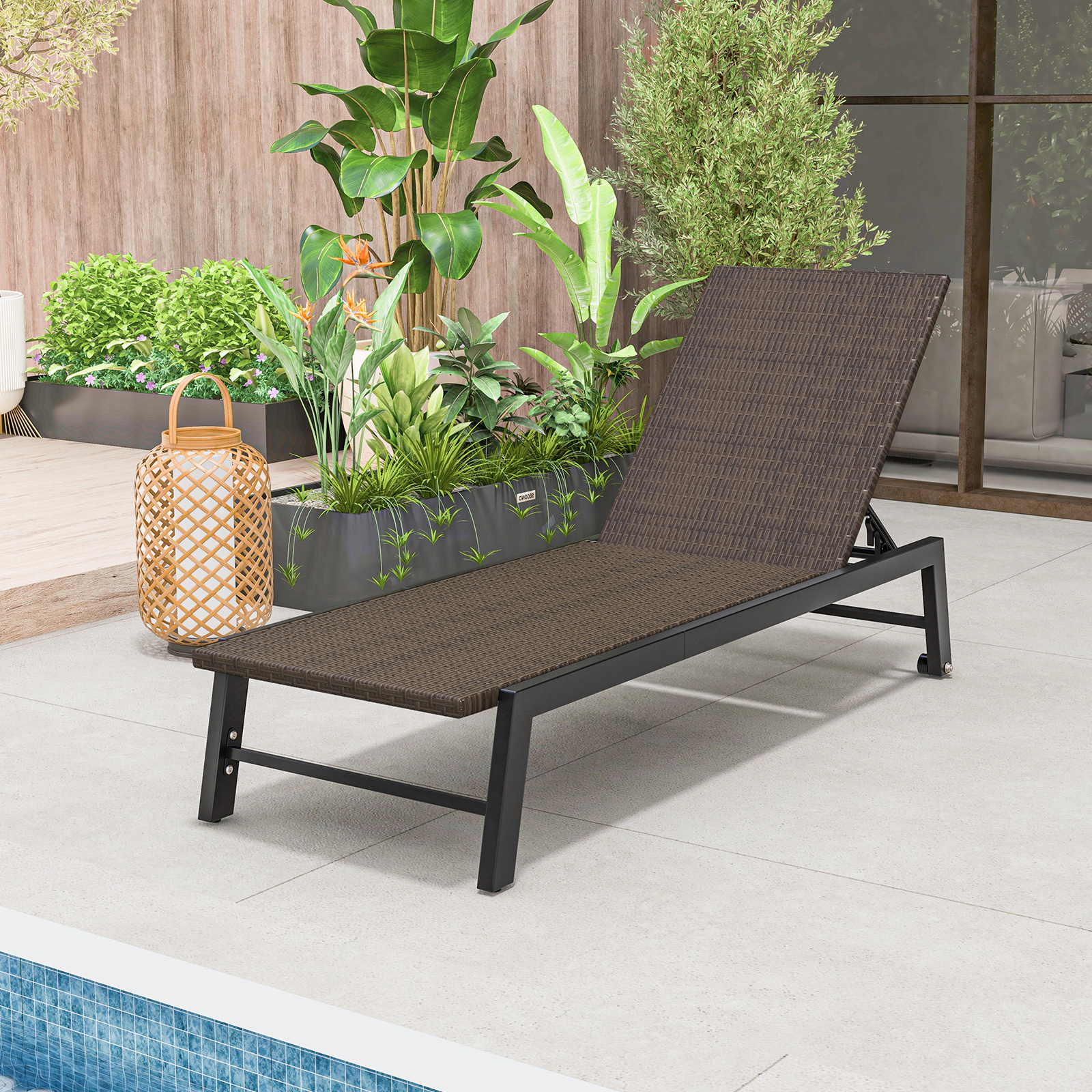 SUGIFT 2 Wheels 400-lb Capacity Brown Patio PE Rattan Chaise Lounge 5-Level Backrest