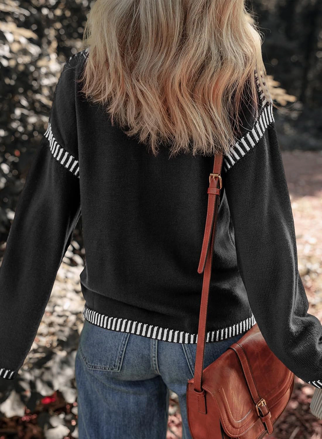 KOJOOIN Women's Contrast Stitch Sweaters Oversized Knit Pullover Loose Stitched Trim Fall Winter Tops