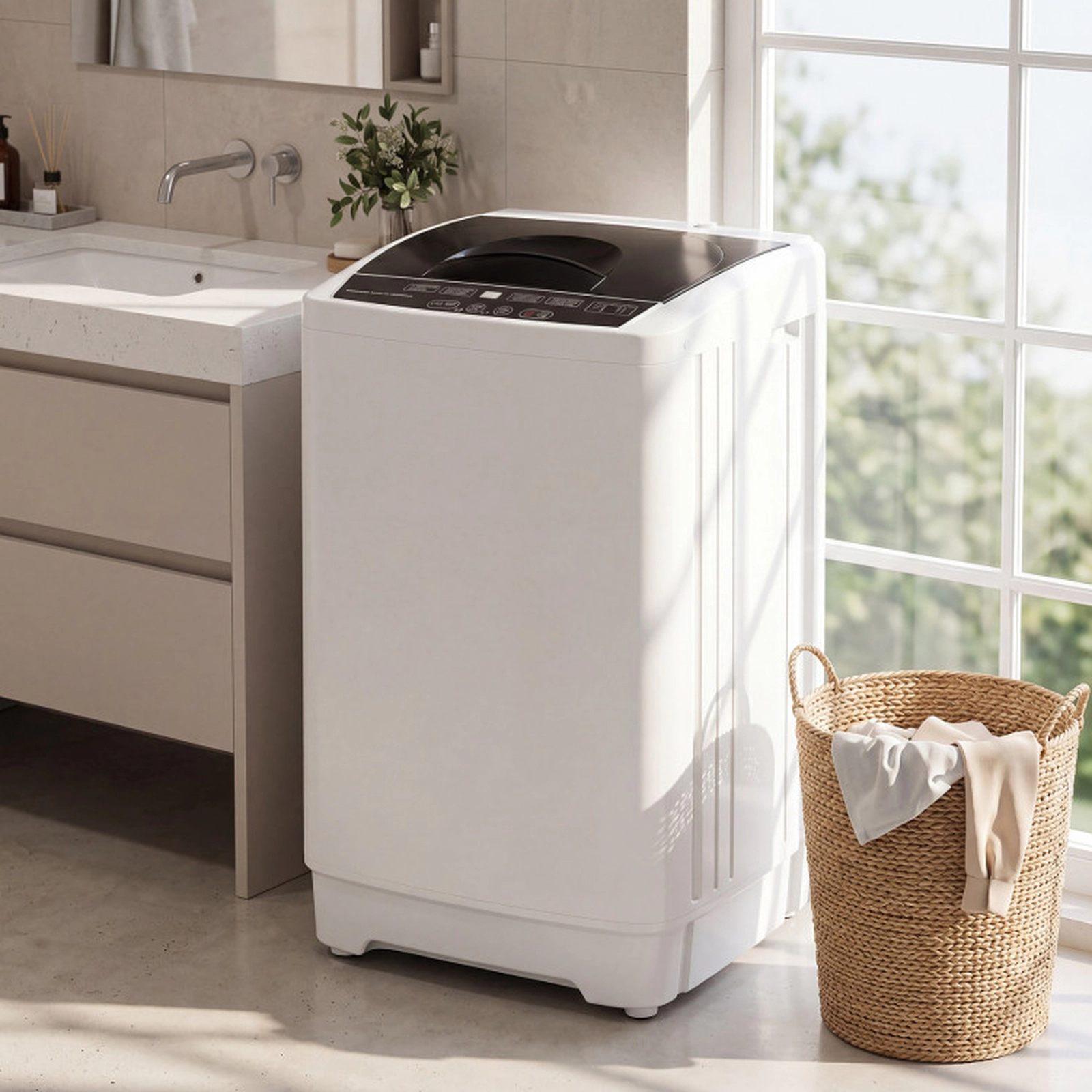 SUGIFT Full Automatic Compact Washing Machine Wash Spin Dry 8 Programs 9.93-lb Capacity 18.5 x 18.5 x 33-in Gray/White