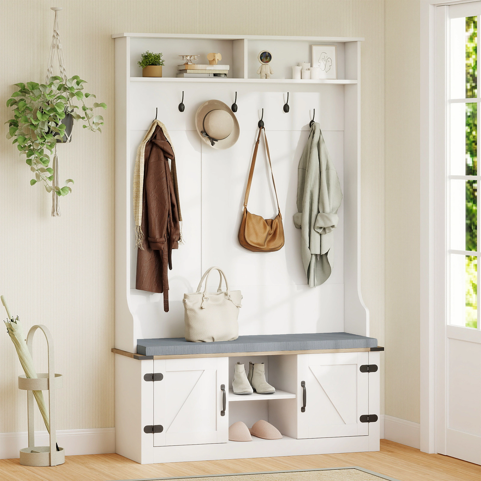 Glintex 4-in-1 Hall Tree with Cushioned Bench Shoe Cabinet and 7 Metal Hooks, White