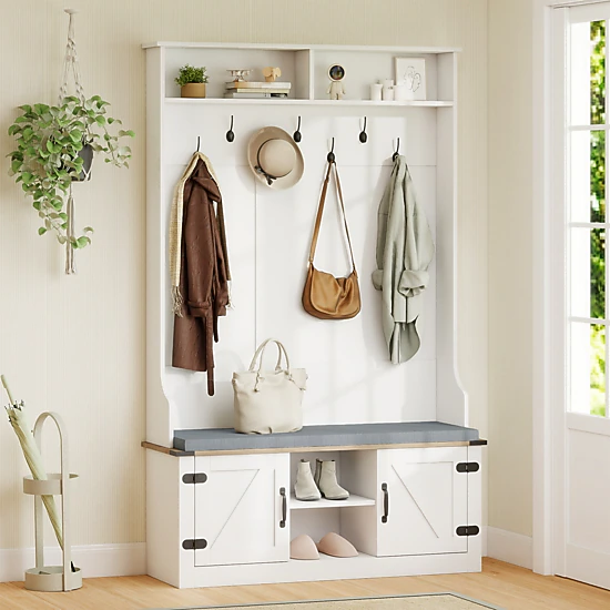 Glintex 4-in-1 Hall Tree with Cushioned Bench Shoe Cabinet and 7 Metal Hooks, White