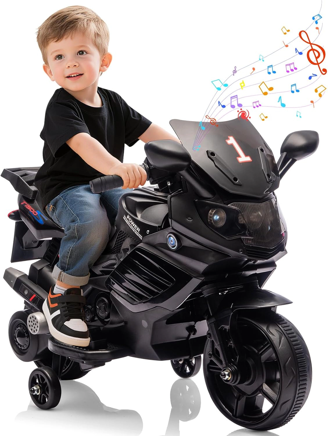 Enjyam 6V Kids Ride On Motorcycle w/Training Wheels, Electric Bike Toy w/Headlight, Horn & Music, Gift for Ages 3-6