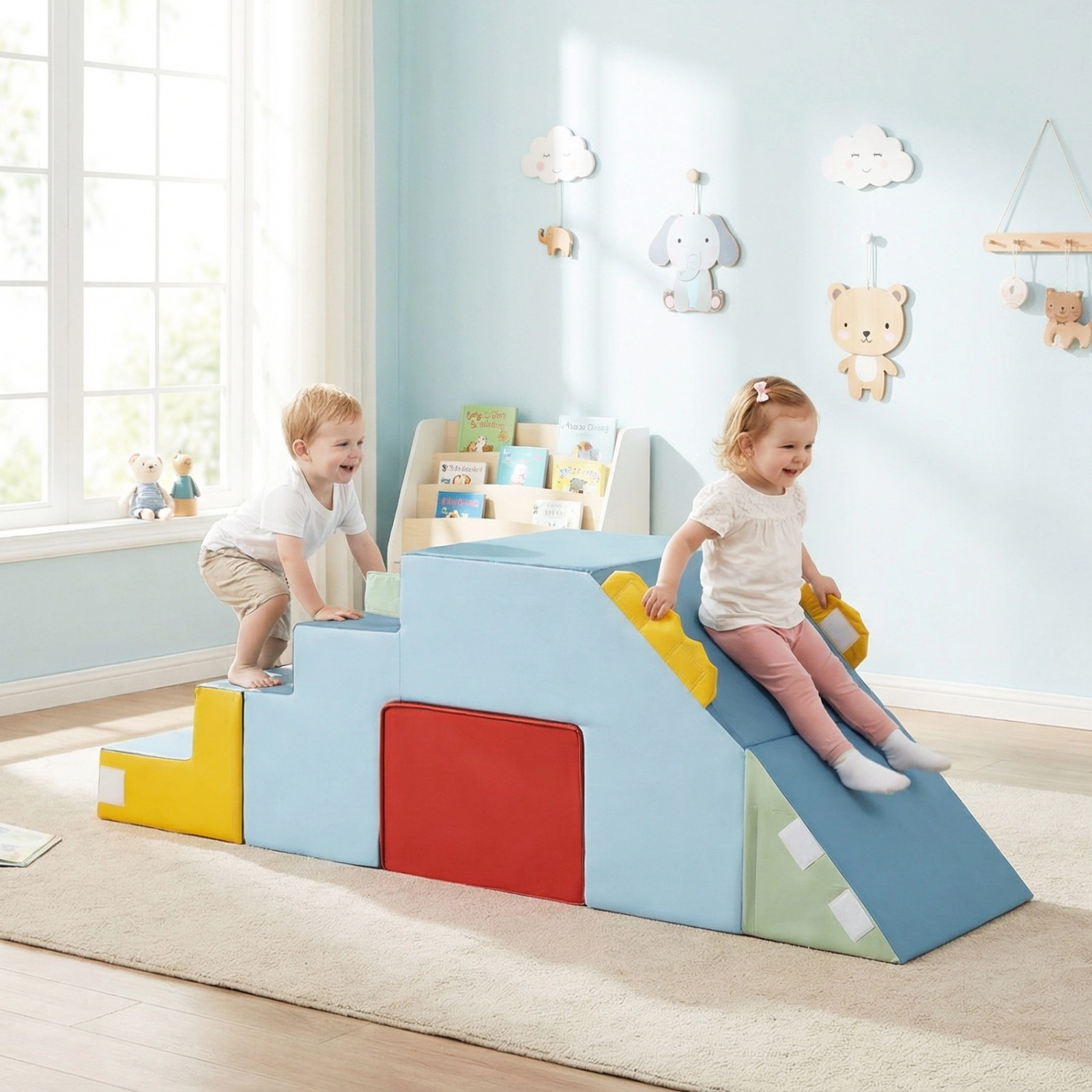Kids Soft Foam Play Blocks Convertible Slide Crawl Tunnel Table Chair Set Machine-Washable Velvet Covers Ages 1+ Blue
