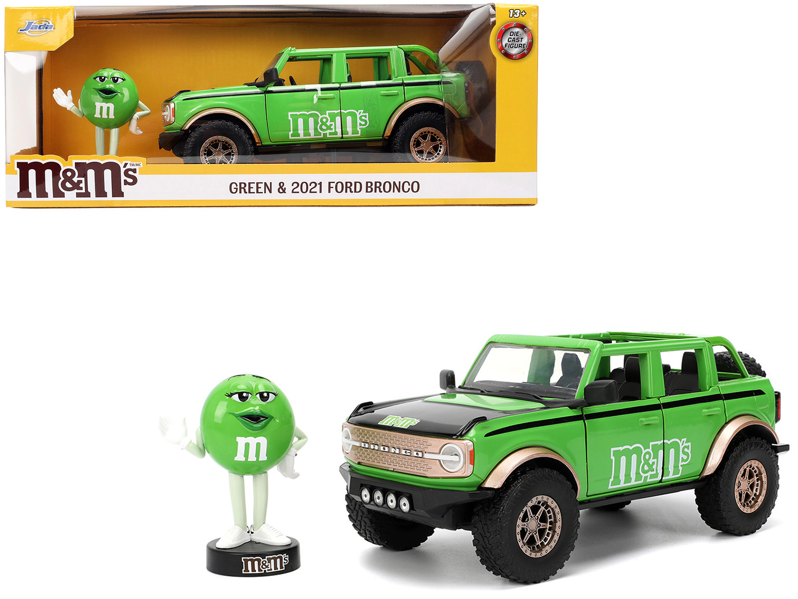 Jada 2021 Ford Bronco Green with Black Stripes and Green M&M's Diecast Figure "Hollywood Rides" Series 1/24