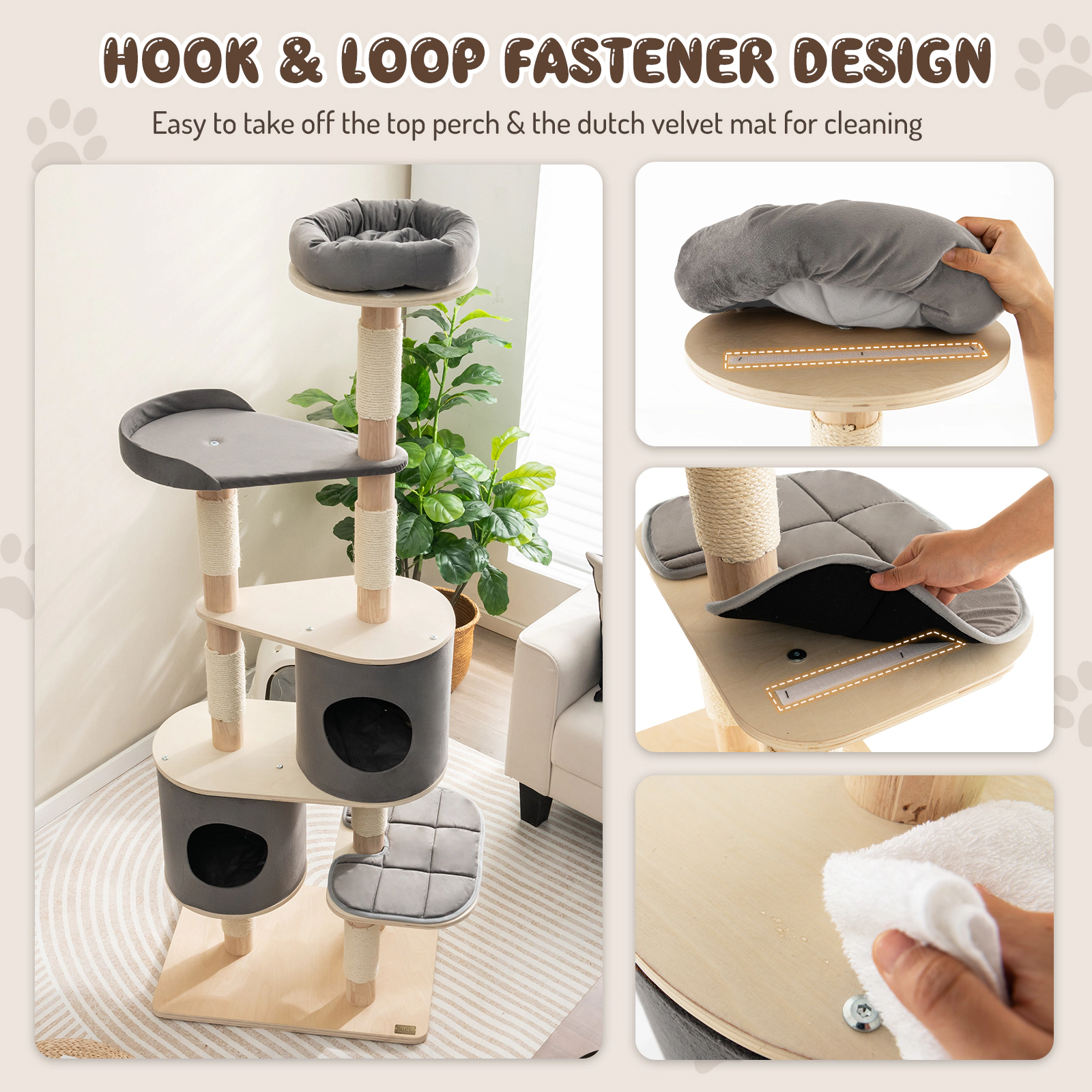SUGIFT 6-Tier Wooden Cat Tree with 2 Removable Condos Platforms and Perch 35-lb Capacity 75-in Tall Natural & Gray