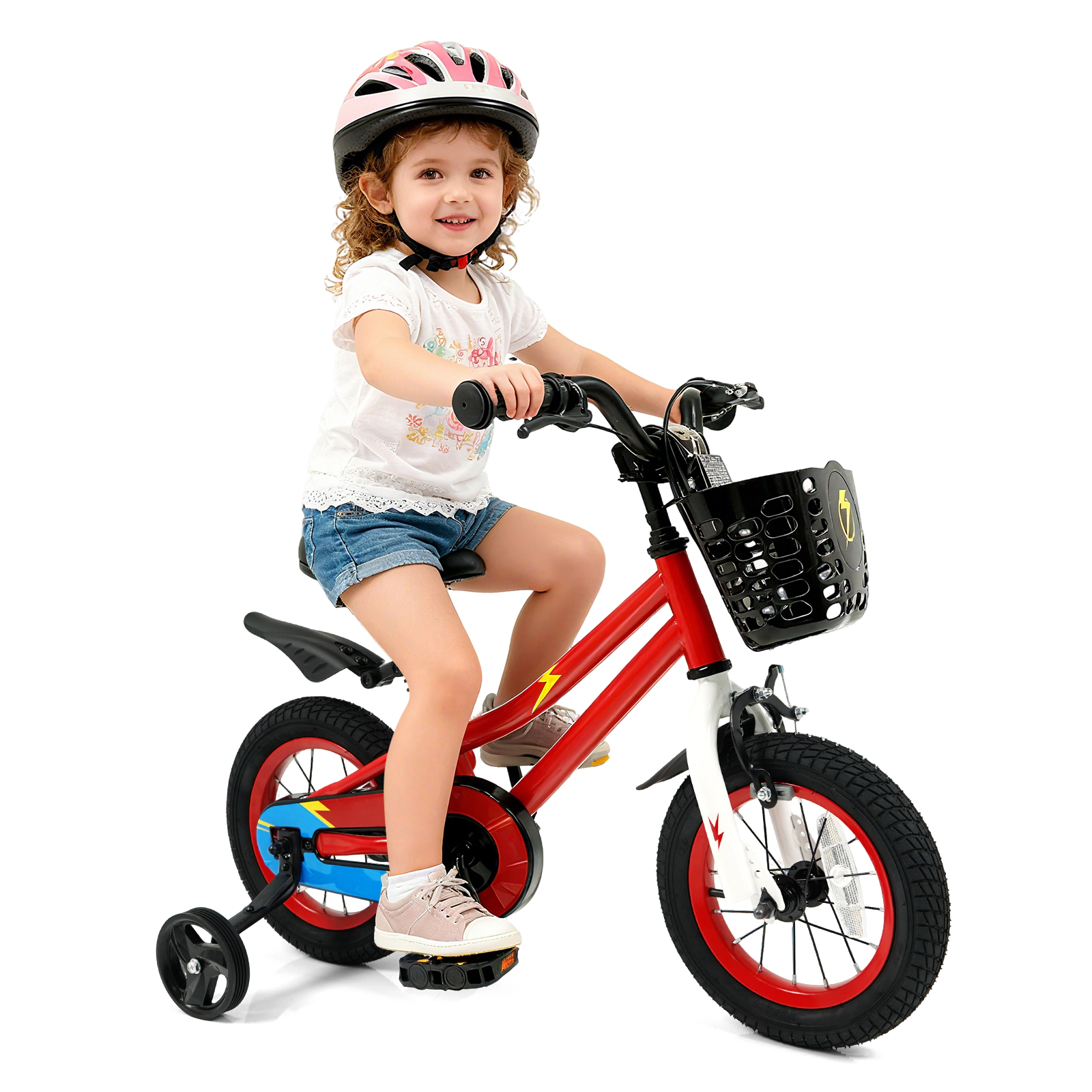 SUGIFT Four-Wheel 12-Inch Kids Bicycle with Training Wheels 100-lb Seat Capacity Ages 3-4 Years Red