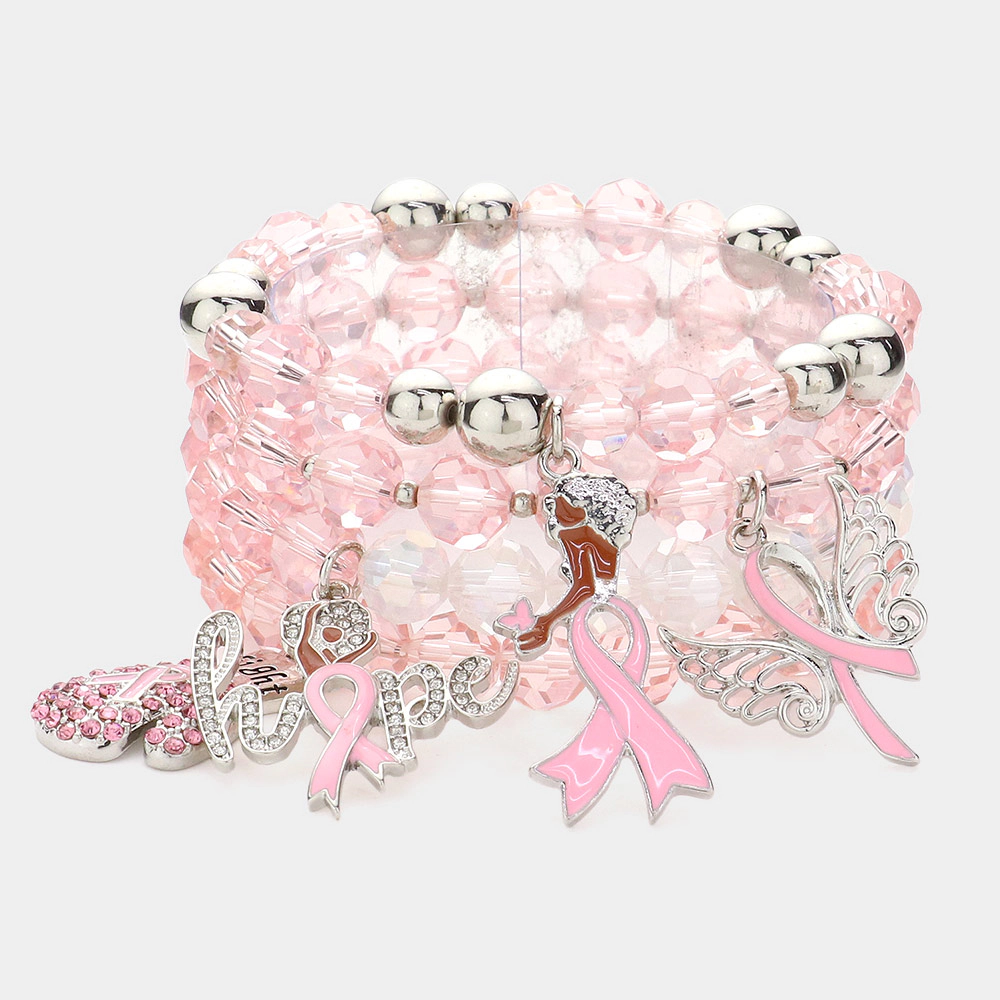 FASHNZFAB 4PCS - Pink Ribbon Pointed Glove Afro Girl Charm Faceted Beaded Stretch Bracelets