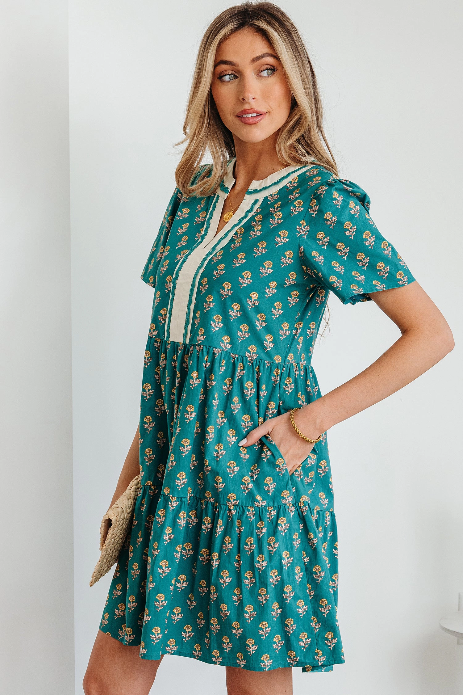 Threaded Pear Women's Clover Short Sleeve Floral Dress