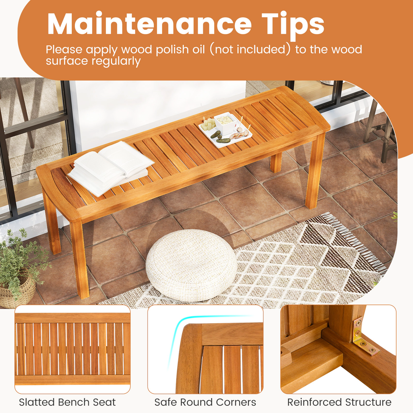 SUGIFT 48-in Acacia Wood Outdoor Bench Slatted Seat 800-lb Capacity 2-Person Garden & Entryway Seating Natural 1-Piece