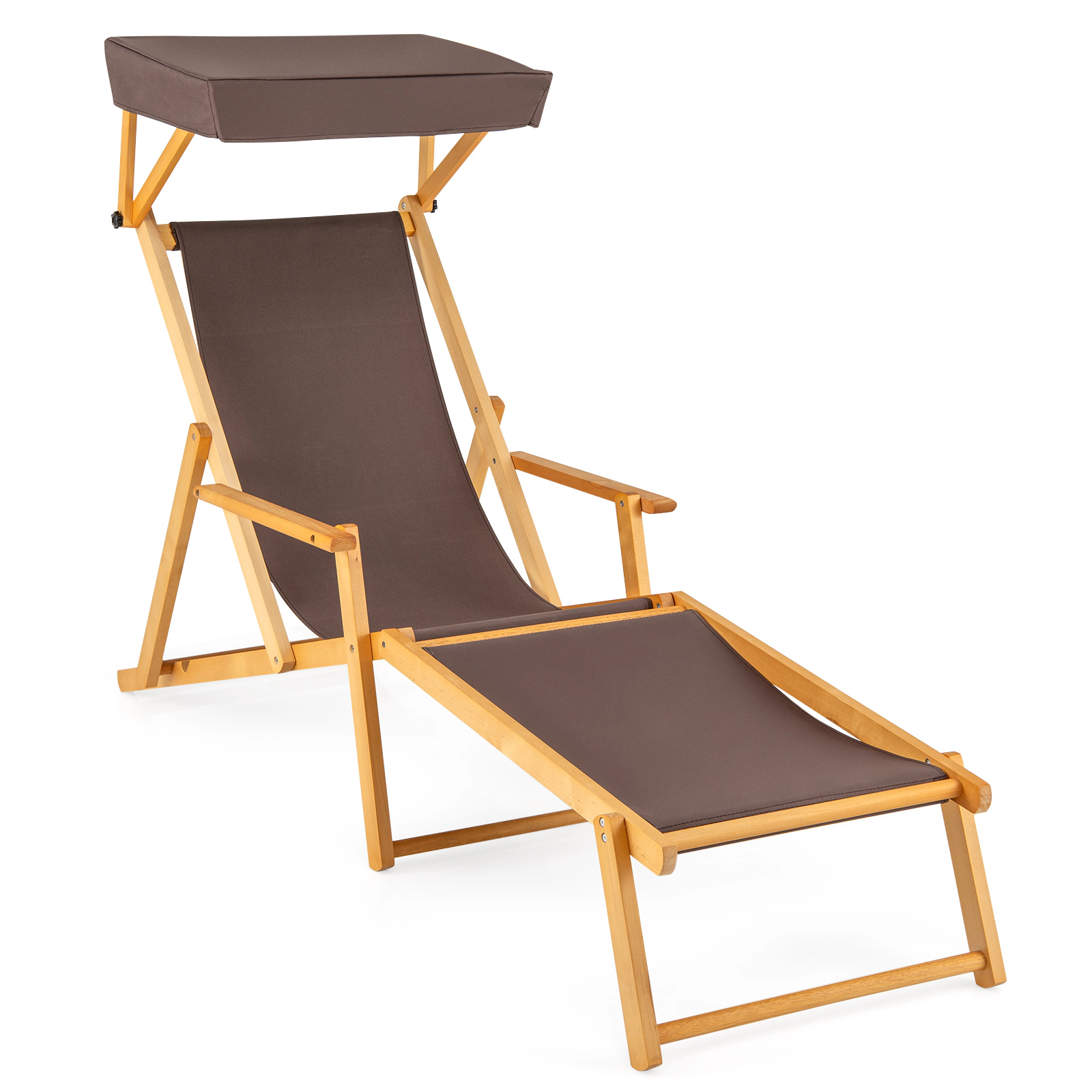 SUGIFT Foldable Birch Wood Chaise Lounge Beach Chair Adjustable Canopy 220-lb Capacity Brown+Natural with Replacements