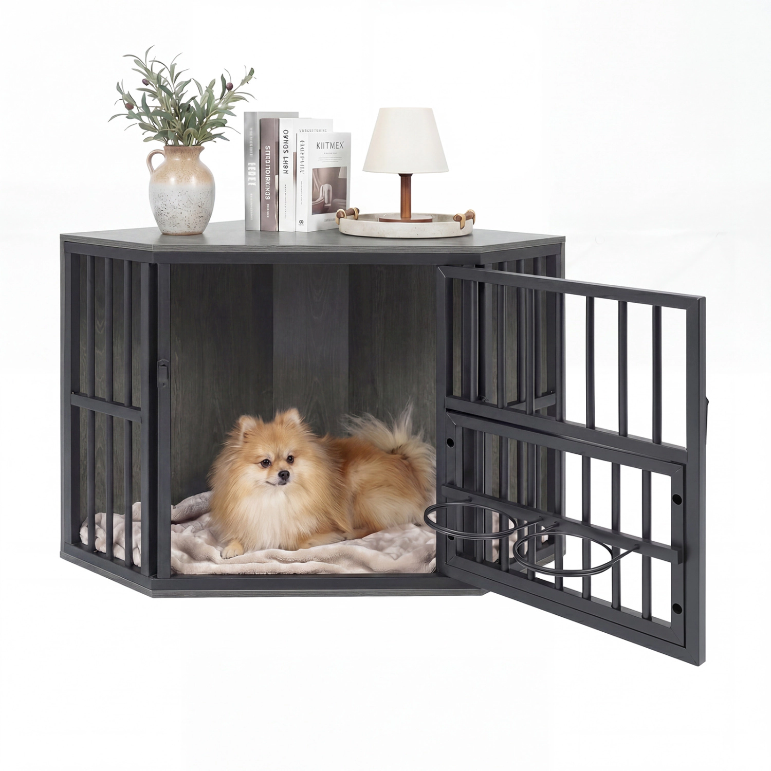 SUGIFT 35.5-in Corner Wooden Dog Kennel End Table Pet Crate with 3-Position Bowl Rack 110-lb Capacity Brown/Oak+Black