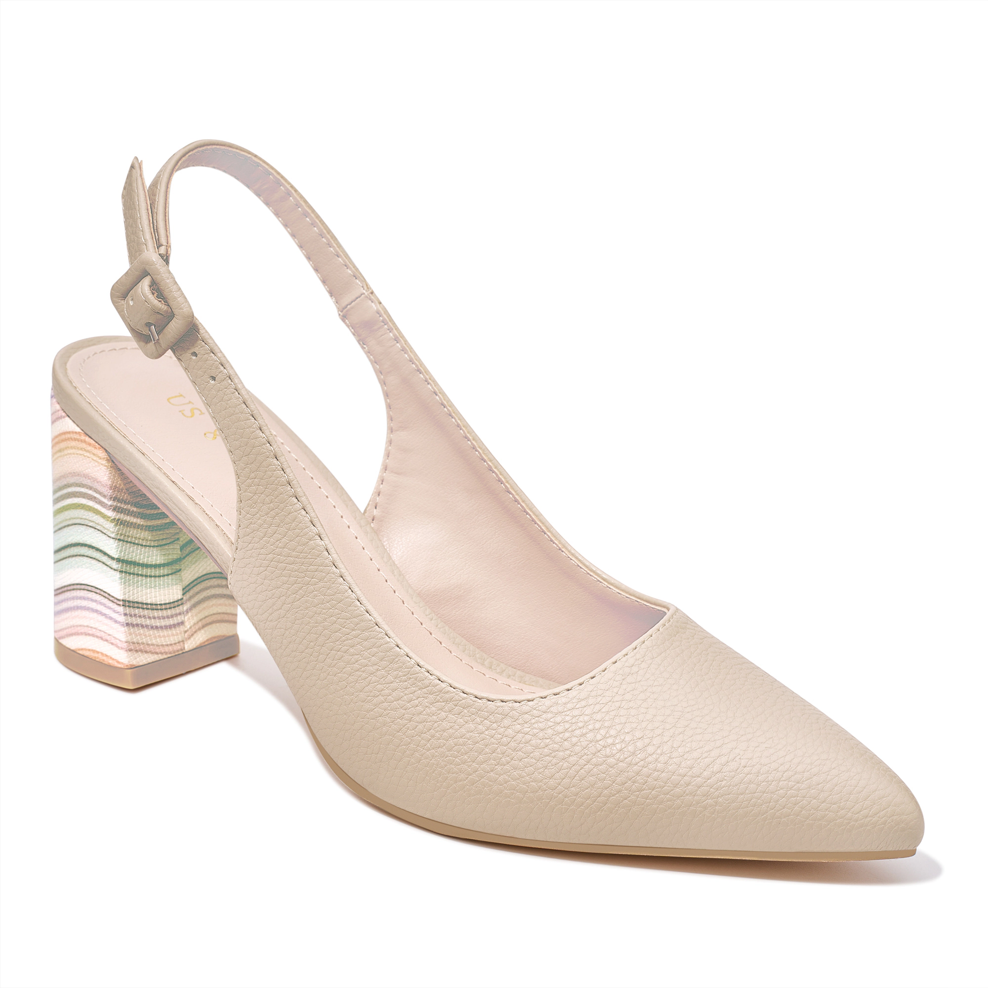 BLISSFUL STEP Women Pointed Toe Block Heel Slip On Slingback Pumps Shoes