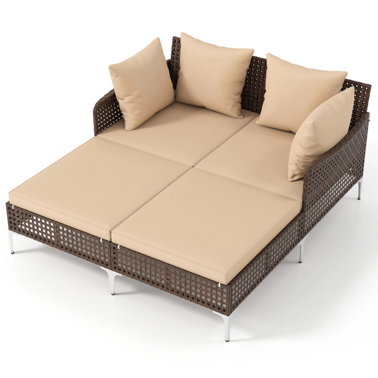 Hivvago Outdoor Rattan Double Daybed Wicker Chaise Lounge