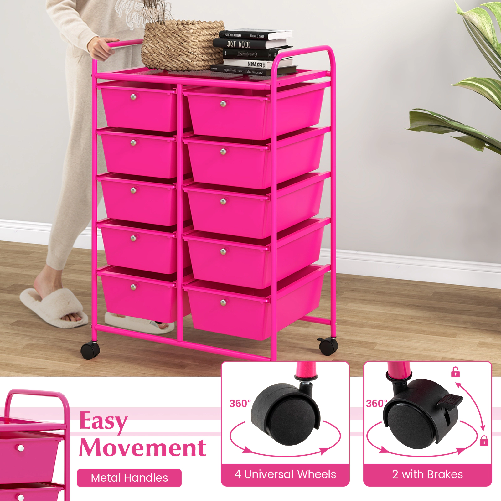 SUGIFT 10-Drawer Rolling Storage Cart with Mesh Top 22-lb Platform Capacity 5.5-lb Drawer Capacity Pink