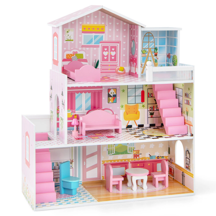 Hivvago Kids Wooden Dollhouse Playset with 5 Simulated Rooms and 10 Pieces of Furniture