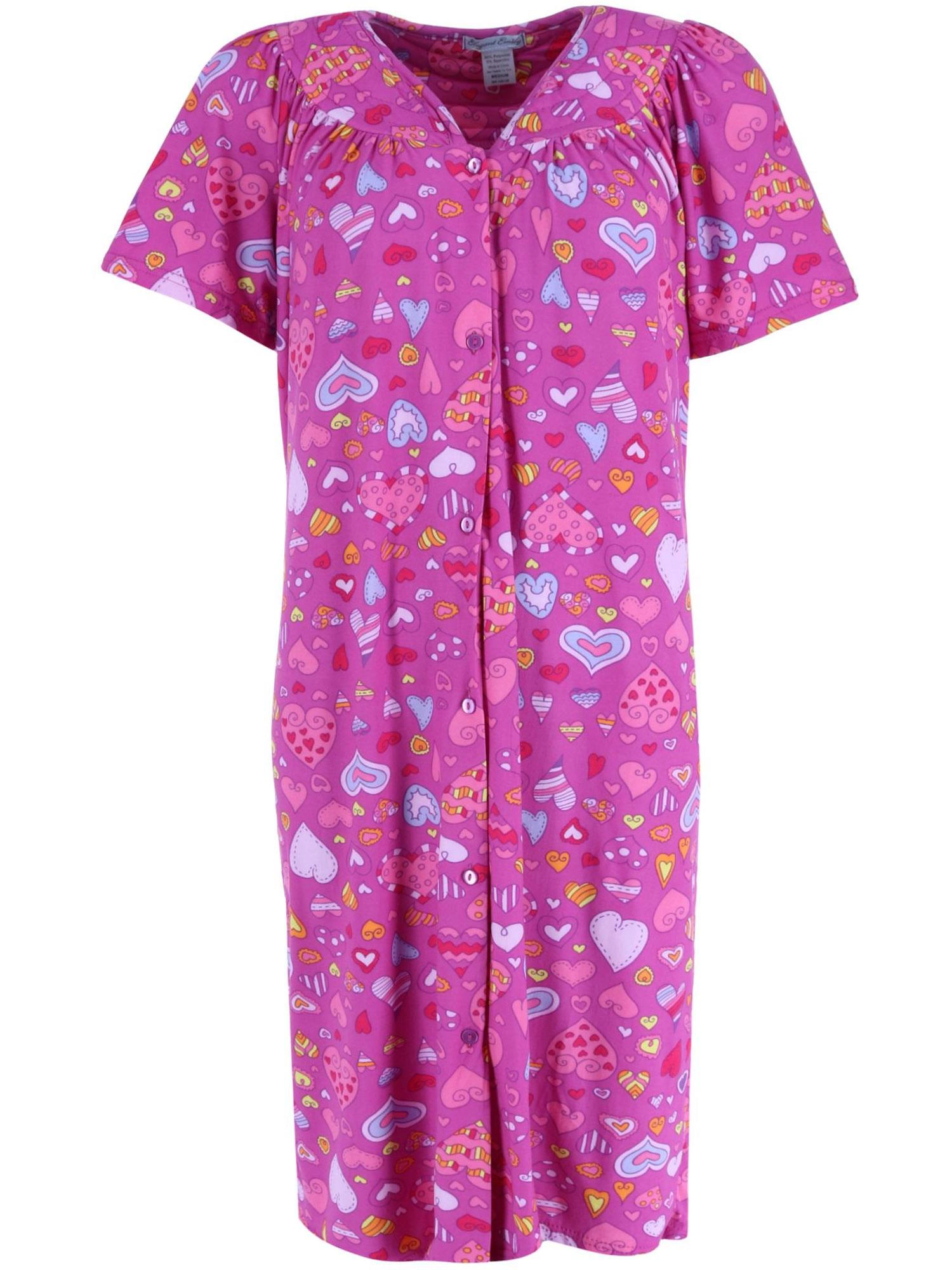 Elegant Emily Women's Pink Hearts Short Sleeve Button Down Duster