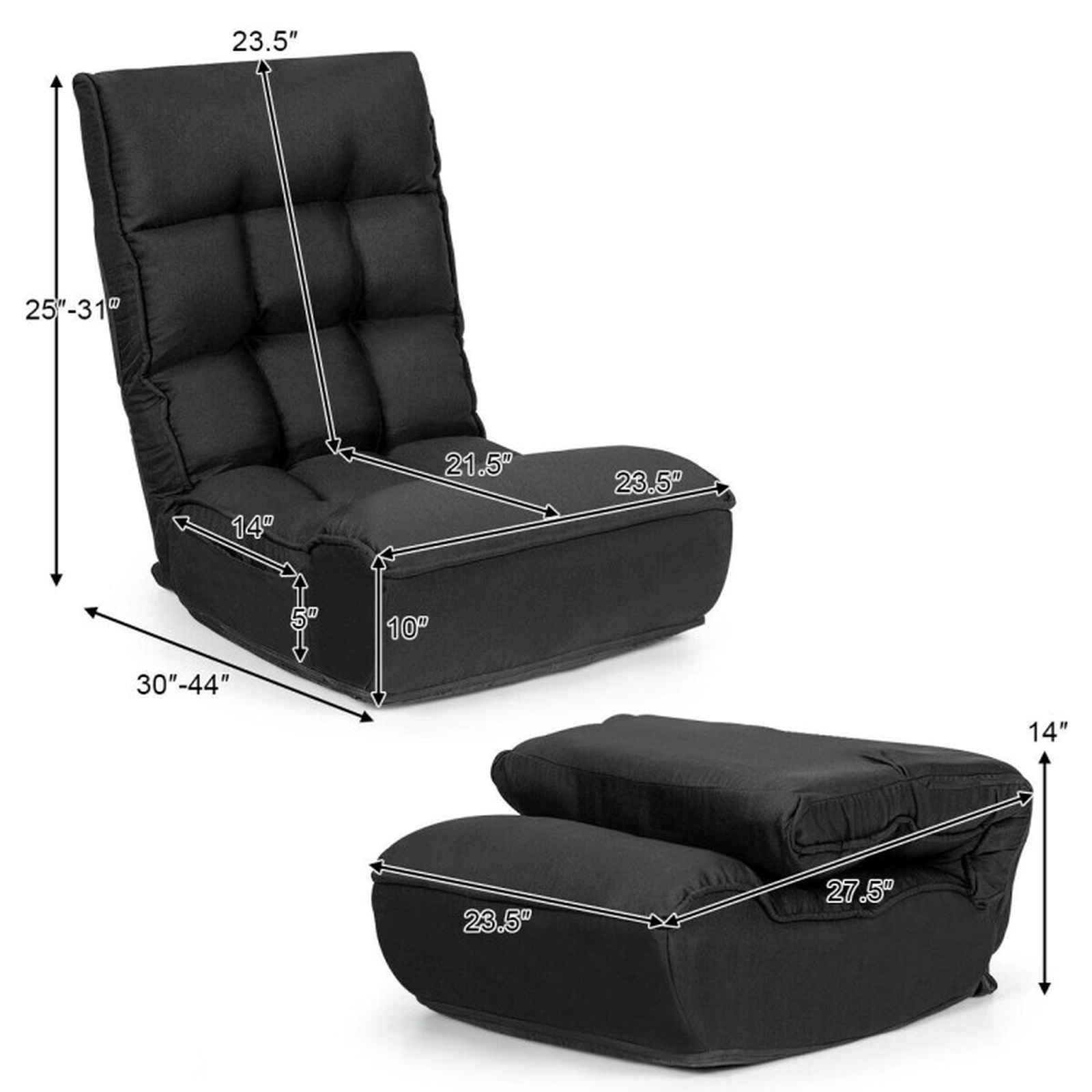 SUGIFT 4-Position Adjustable 286-lb Capacity Black Steel Frame Folding Floor Chair and Lazy Sofa