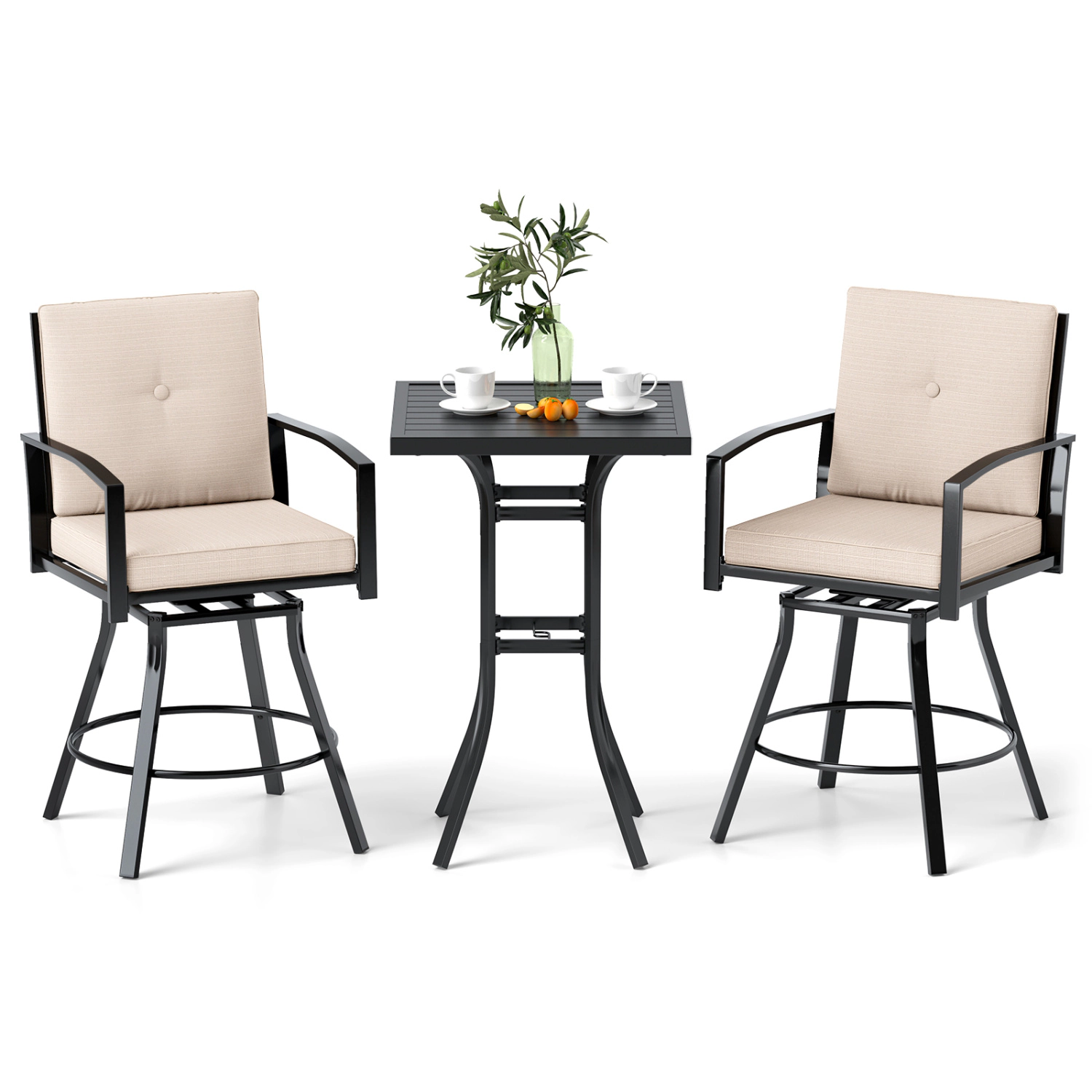 LJG 3 Pieces Patio Swivel Bar Set with Soft Cushions and Umbrella Hole