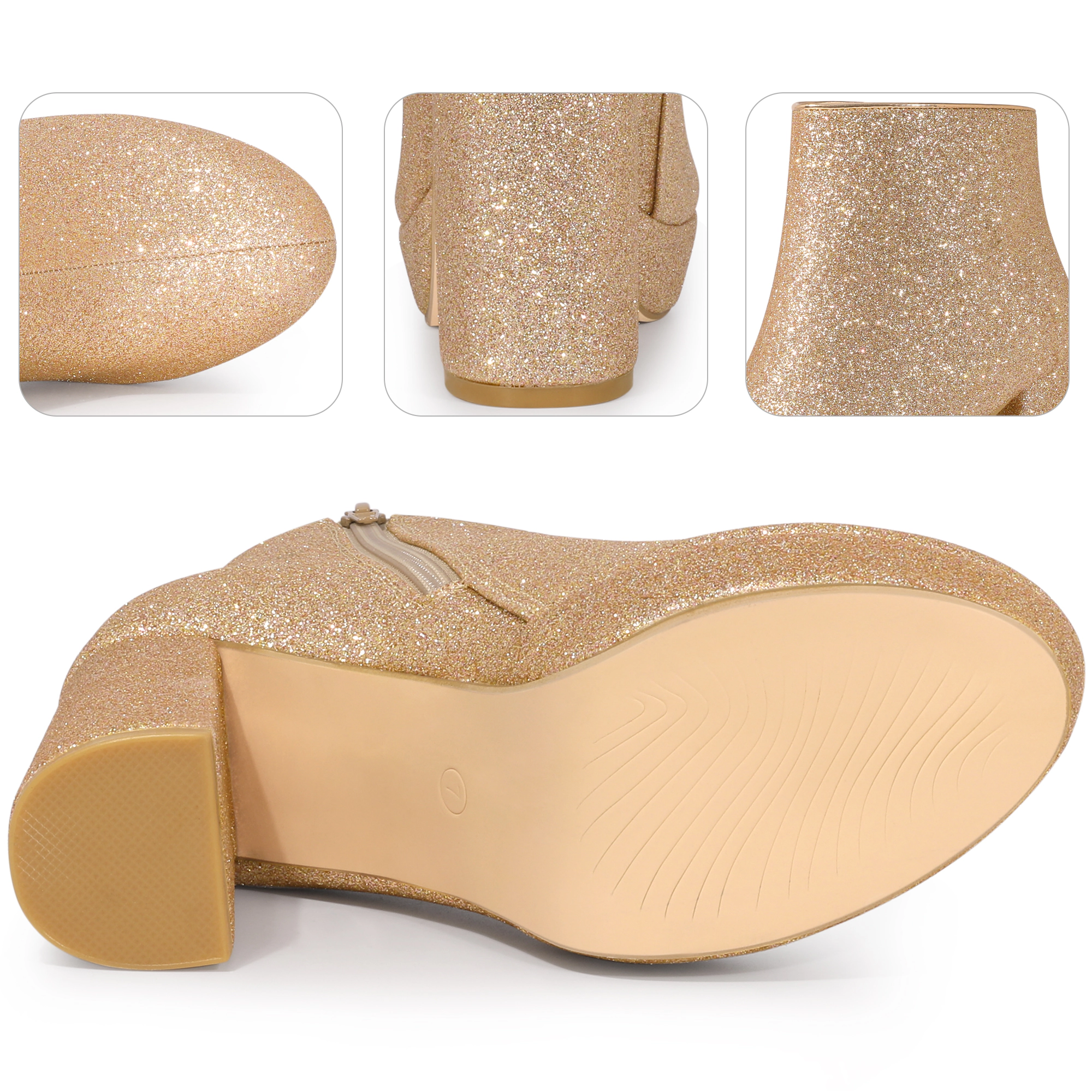 BLISSFUL STEP Women Glitter Platform Round Toe Chunky Heel Ankle Boots Side Zip