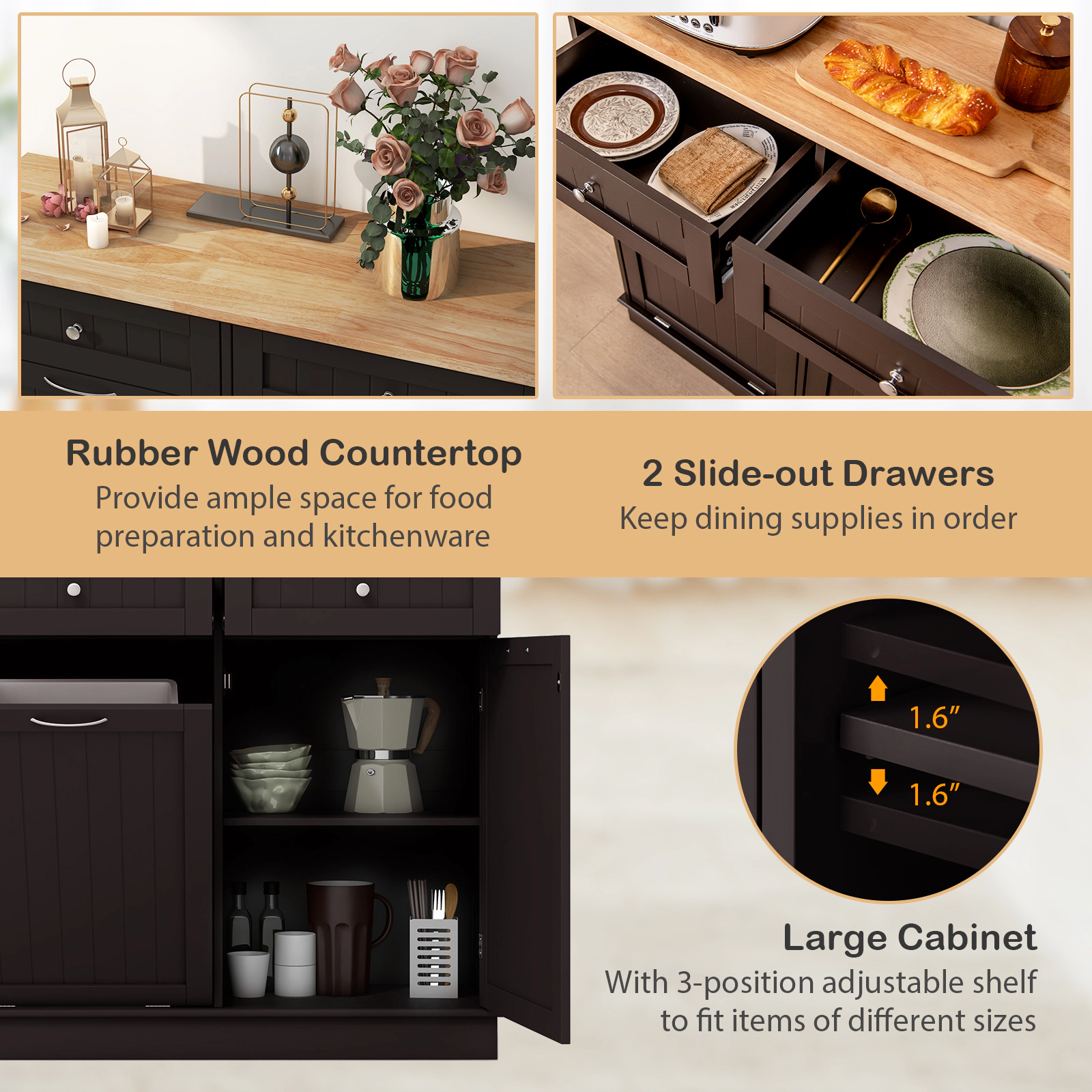SUGIFT Tilt Out Trash Cabinet Sideboard with 2 Drawers and Adjustable Shelf 220-lb Top Capacity 39.5-in Wide Brown