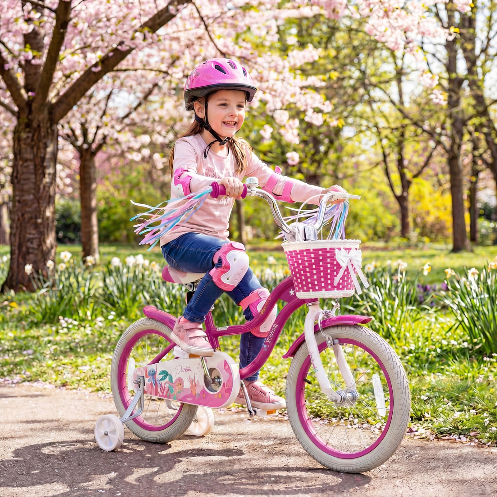 SUGIFT Princess of the Sea 16-Inch Kids Bike with Basket and Streamers 110-lb Capacity Ages 4-7 Rose Red