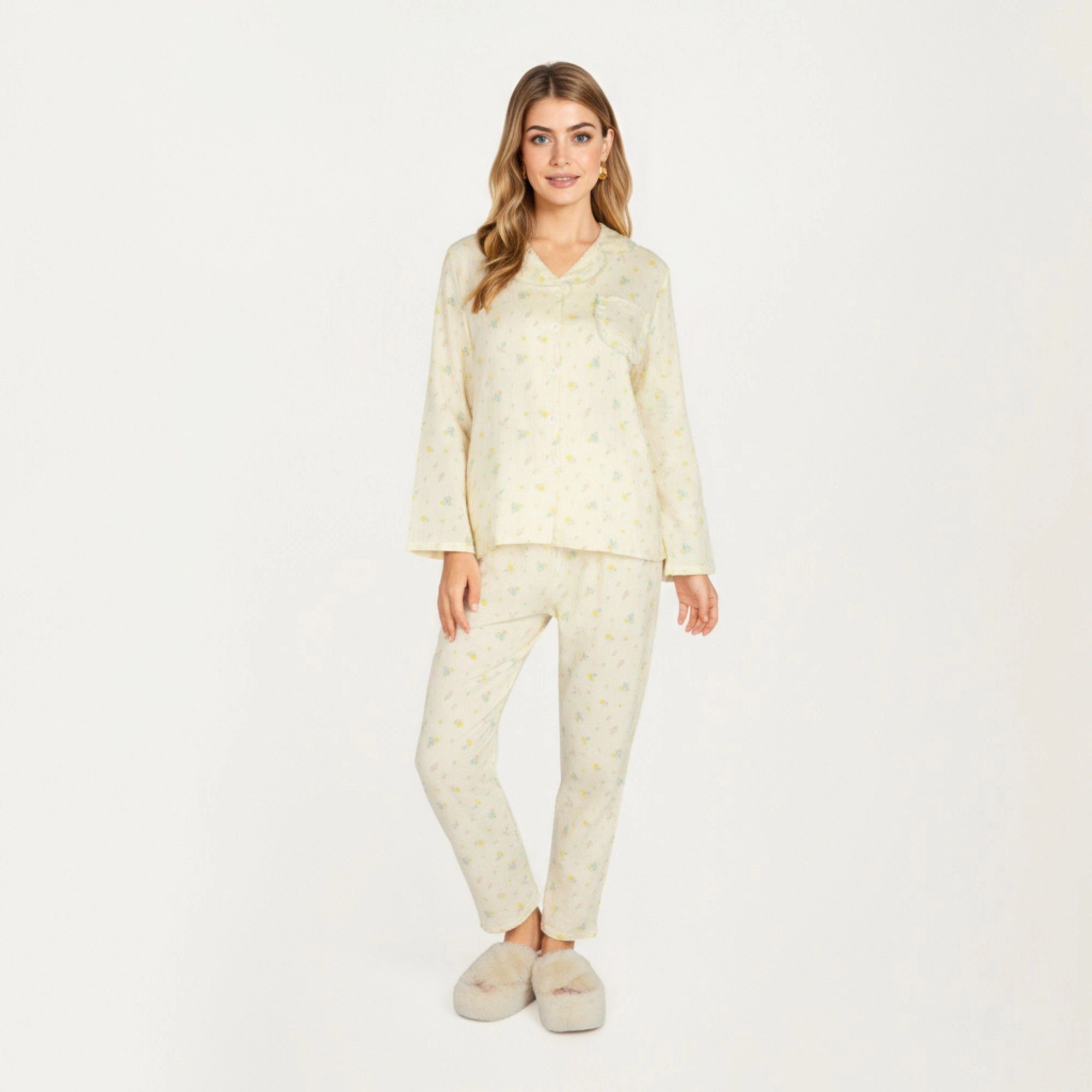 Anna-Kaci Women's 2-Piece Button Front Pajama Top with Ruffled Collar and Relaxed Fit Pants
