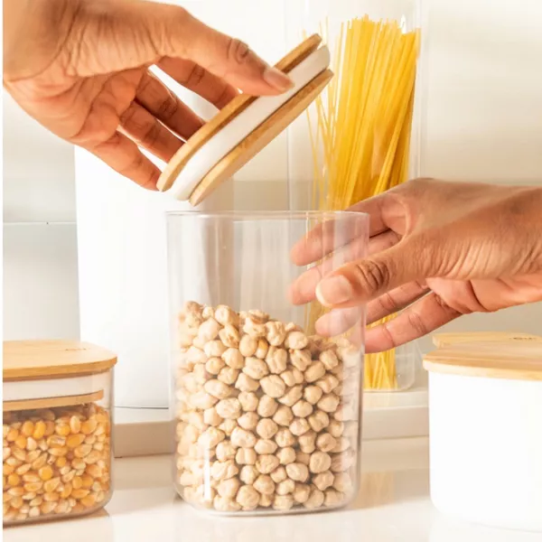 OU Airtight Food Storage Container Set 8pc, Clear Plastic Container w/ Leak Proof Bamboo Lid, Stackable Pantry Organizer