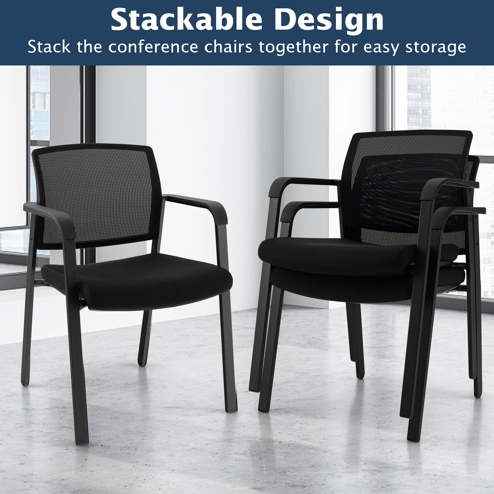 SUGIFT Set of 2 Black 330-lb Capacity Stackable Mesh Back Chairs with Padded Seat and 4 Universal Casters