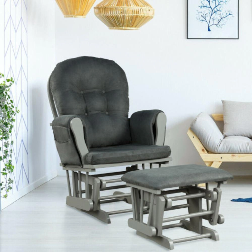 Hivvago Wood Glider And Ottoman Set With Padded Armrests Detachable Cushion