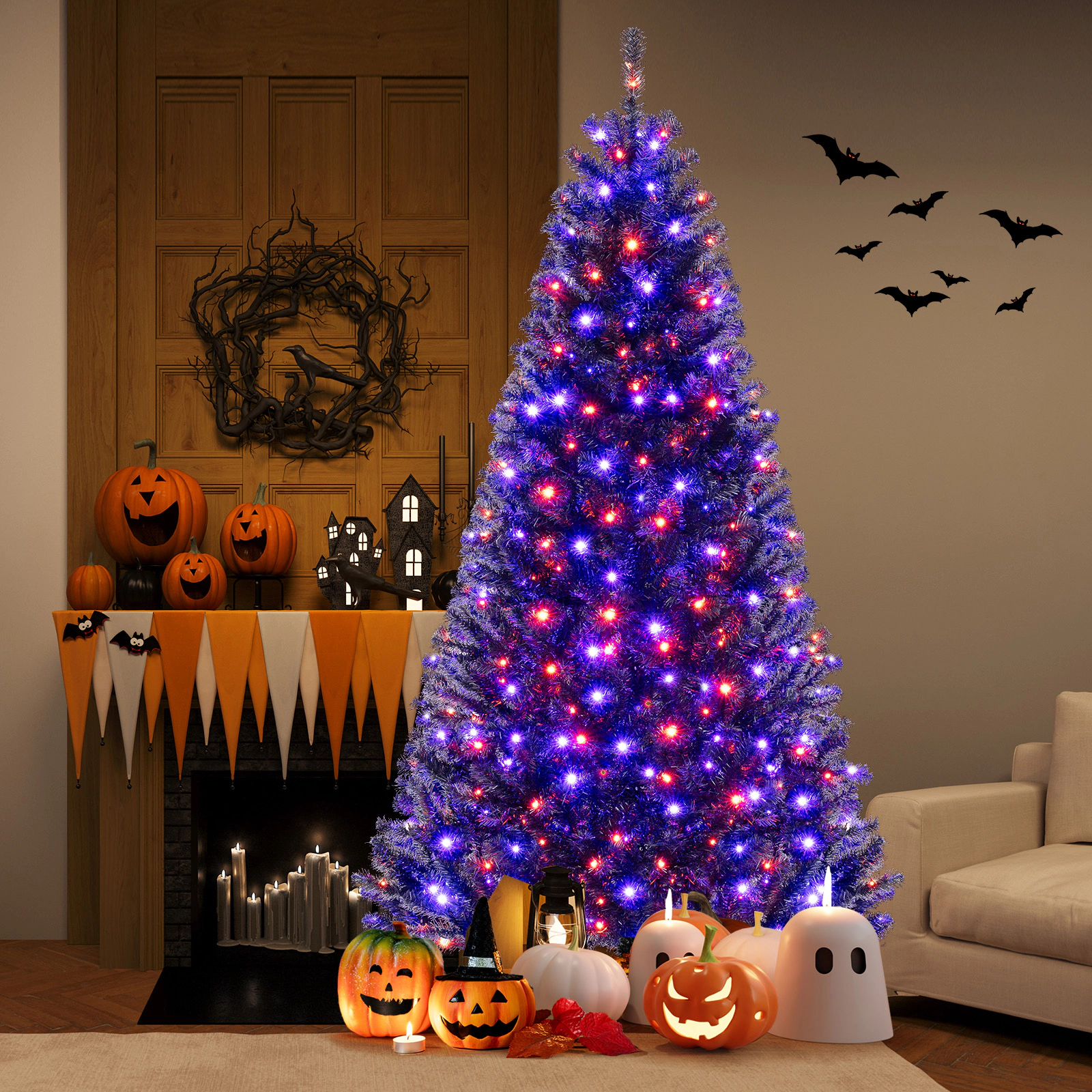 SUGIFT 6-Mode Motion-Activated Artificial Christmas Tree Spooky Sounds 8 ft Tall Black with Orange & Purple LED Lights