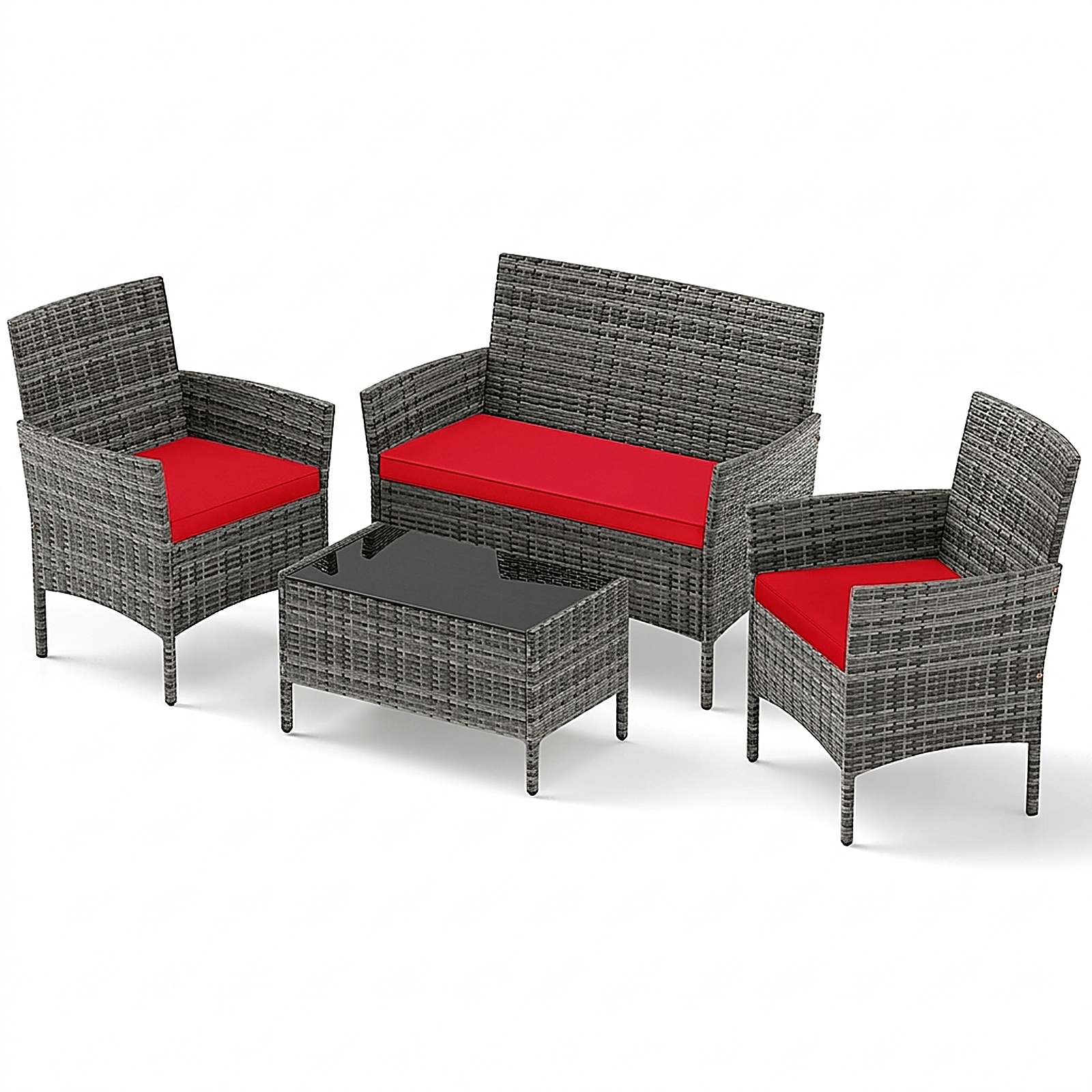 SUGIFT 4-Piece Red Rattan Patio Conversation Set with Loveseat, 2 Chairs, Cushions and Tempered Glass Table