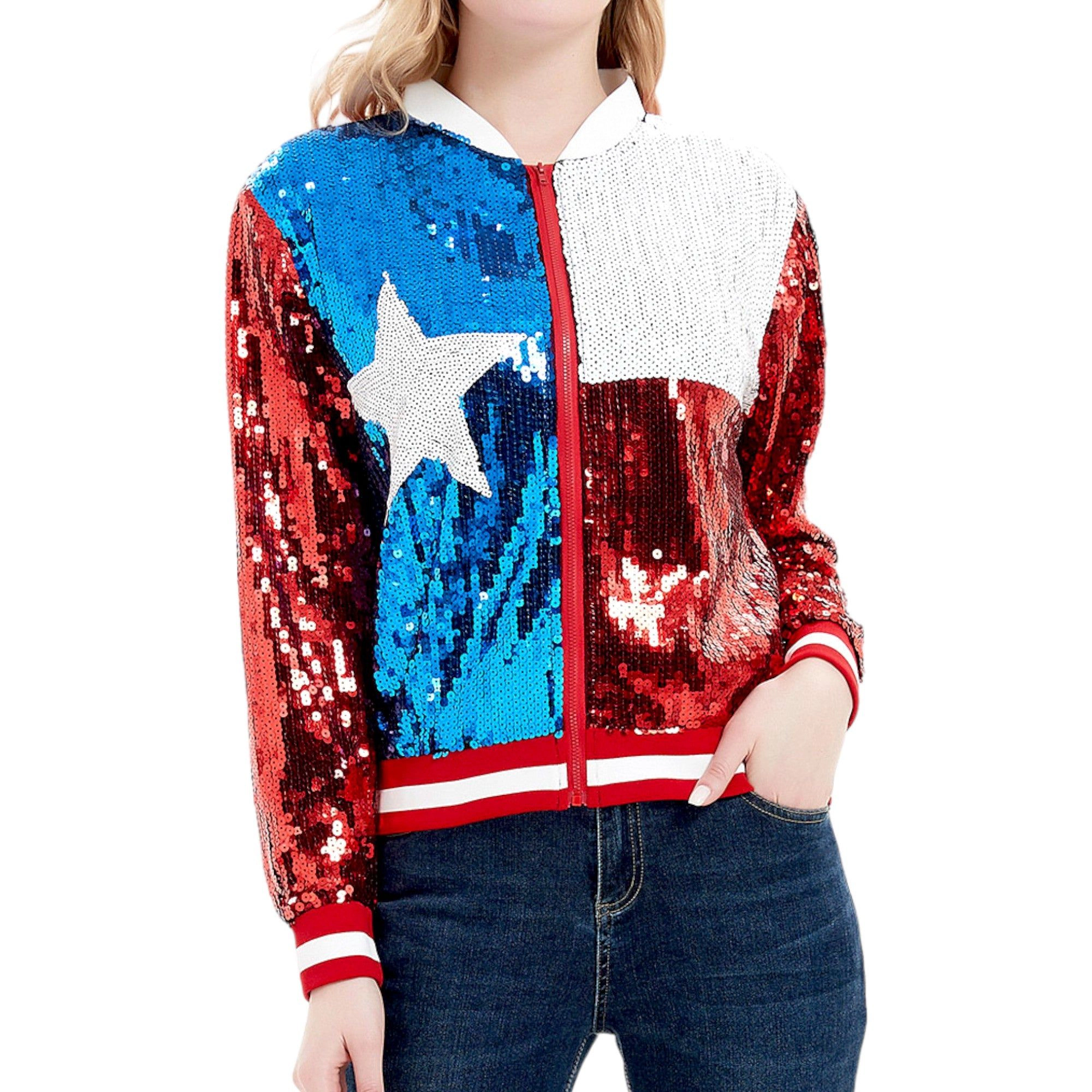 Anna-Kaci Women's Sequin American Flag Bomber Zip-Up Jacket