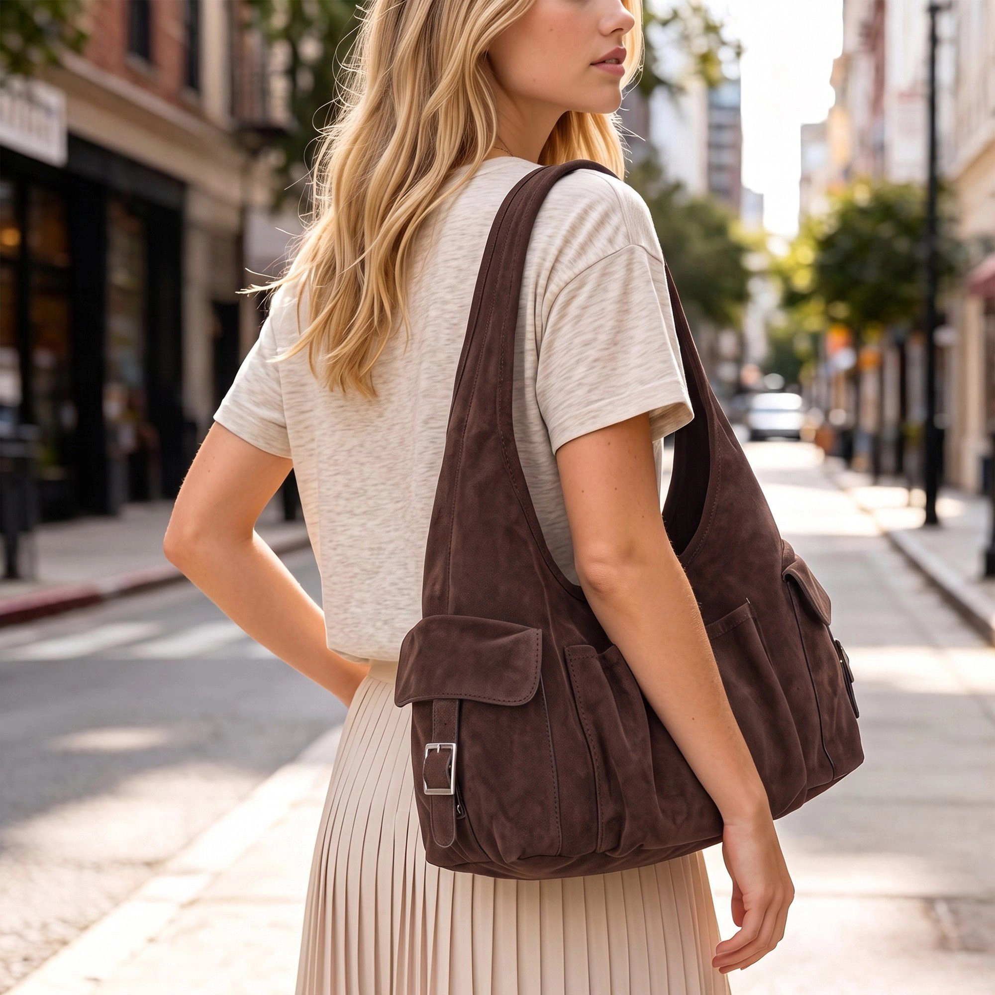 Alilang Women's Slouchy Suede Look Hobo Shoulder Bag with Front and Side Pockets 10.6x5x5in