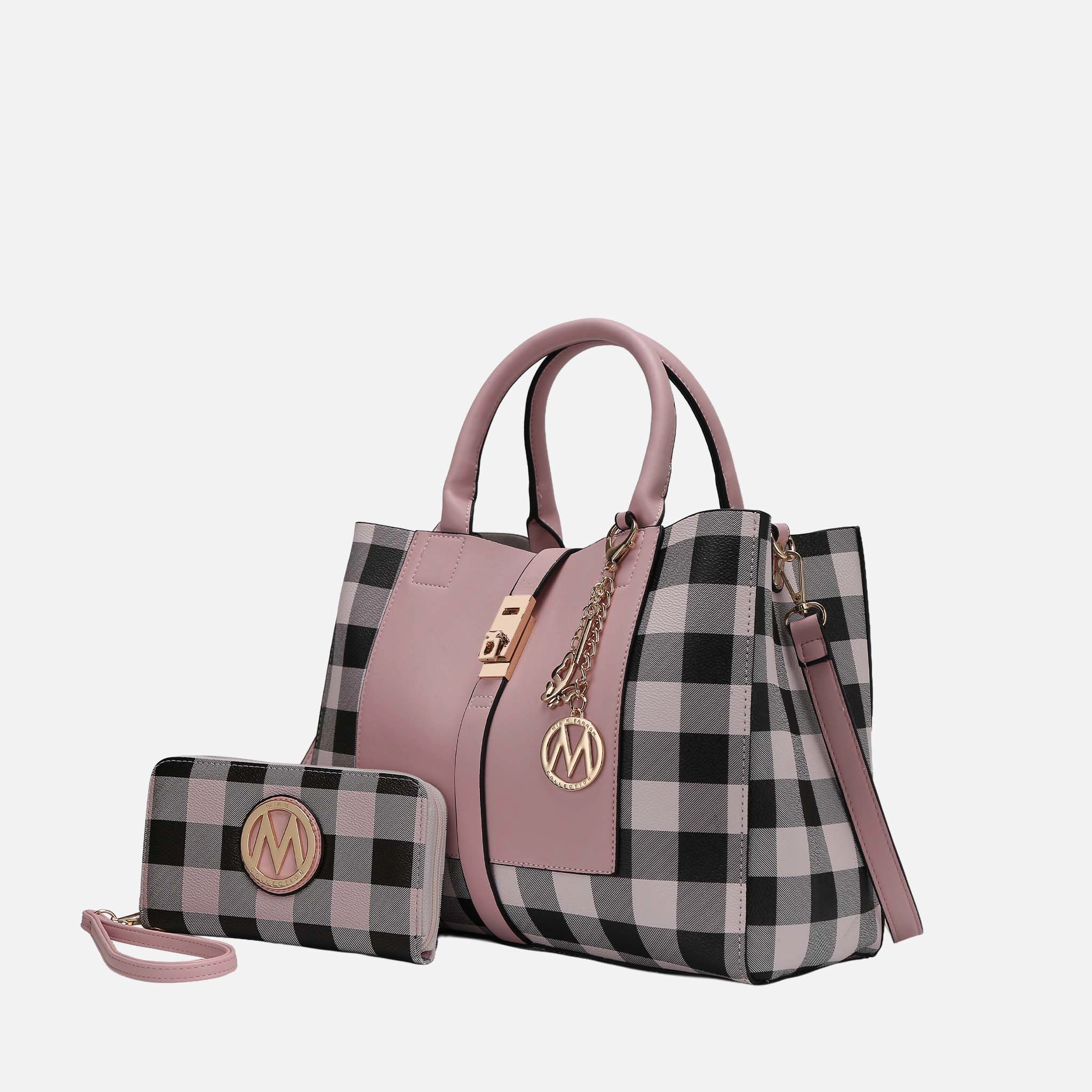 MKF Collection by Mia K Yuliana Checkered Vegan Leather Satchel with Matching Wallet, Pink