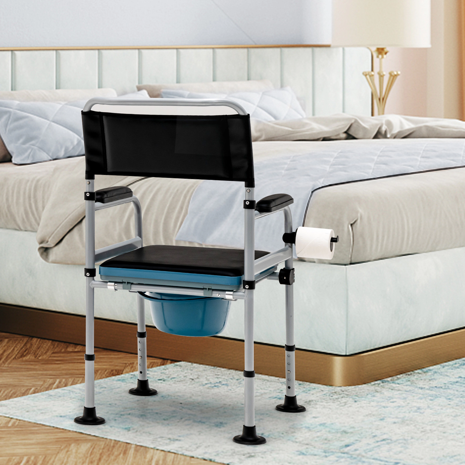 SUGIFT 4-in-1 Folding Bedside Commode and Shower Chair, 440-lb Capacity, Adjustable Height