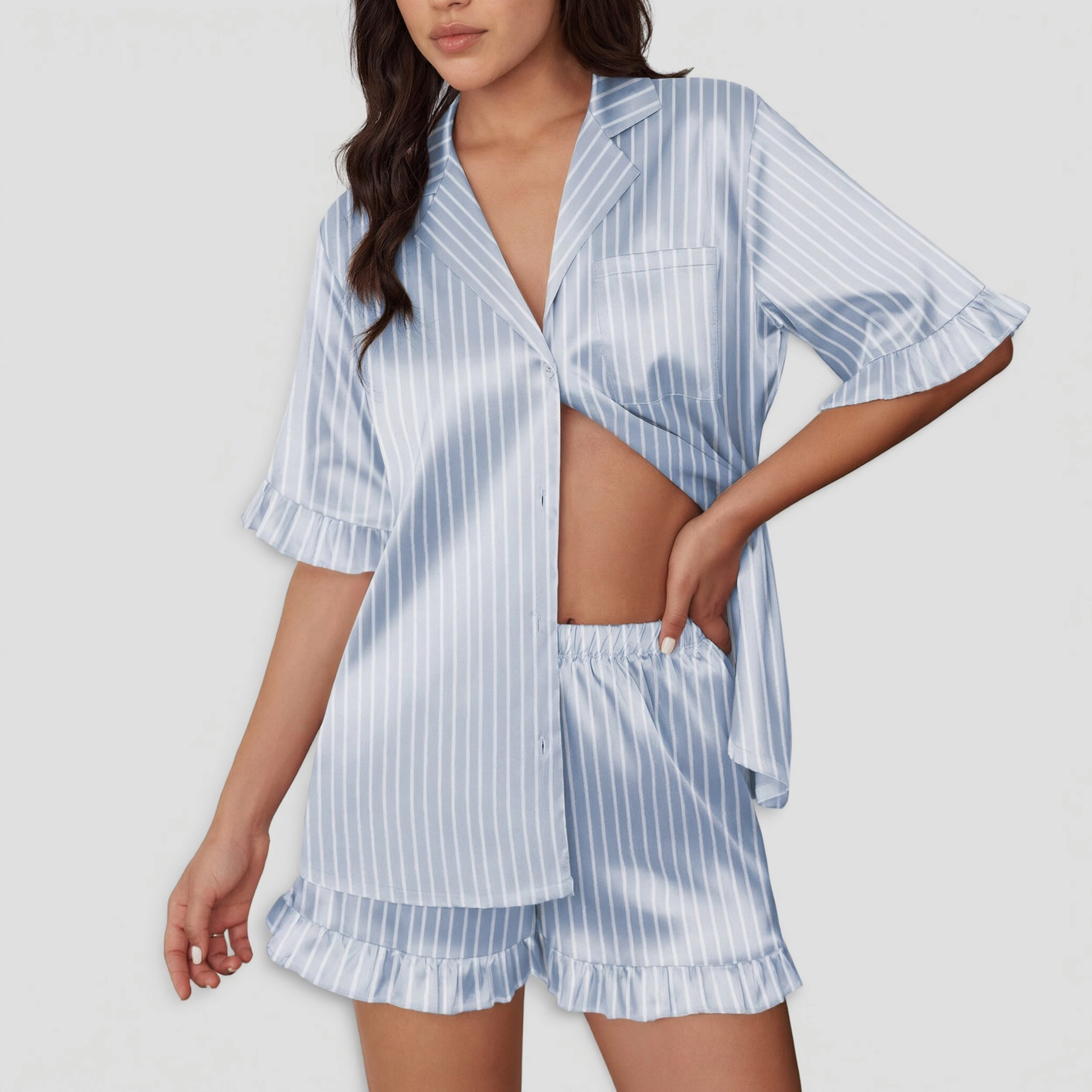 Ekouaer Pajamas for Women Print 2 Piece Button Down Pjs Shorts Set Ruffle Sleepwear