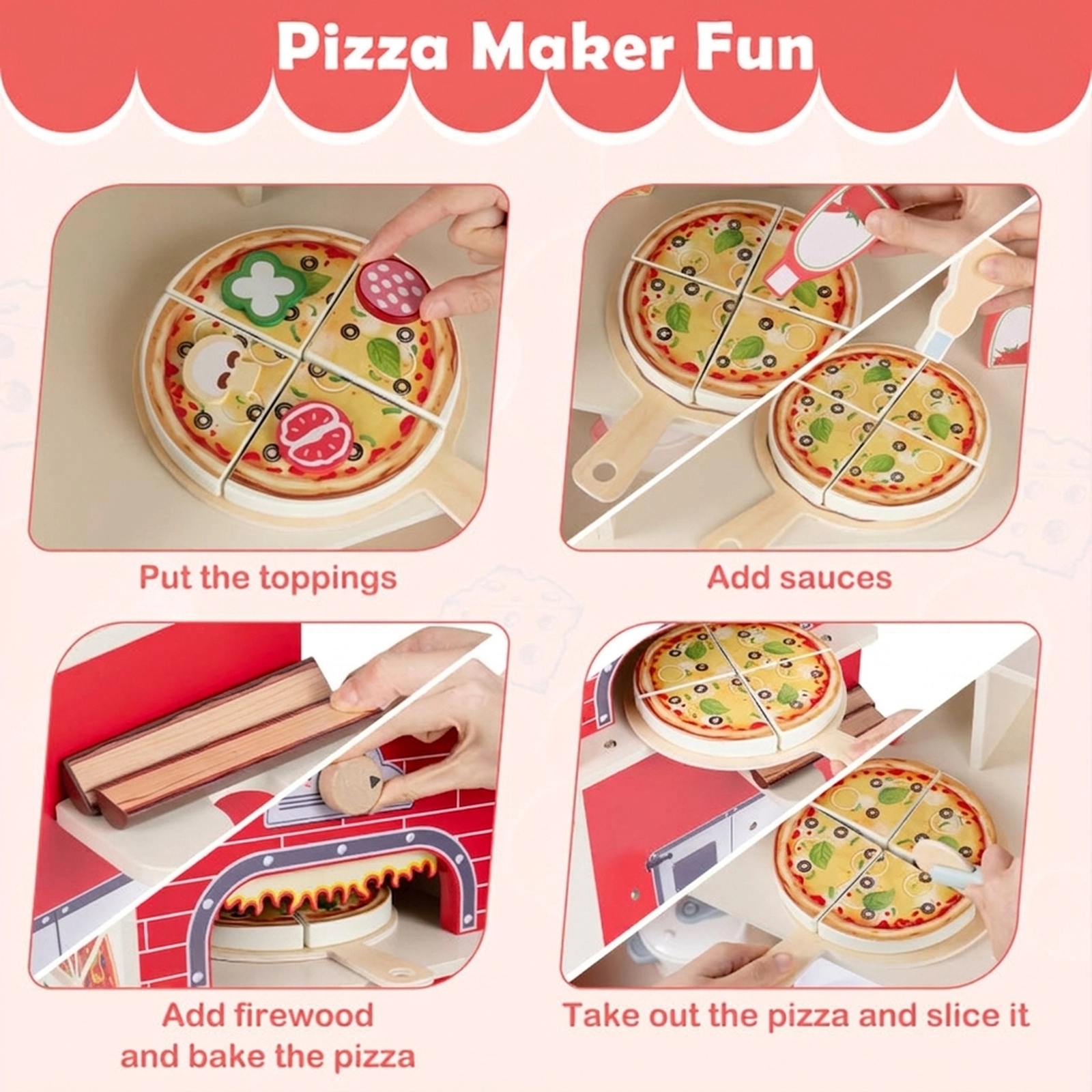 SUGIFT Wooden Pizza Food Truck Pretend Play Snack Cart with Oven Ages 3+ Pink with 40-Piece Accessory Set