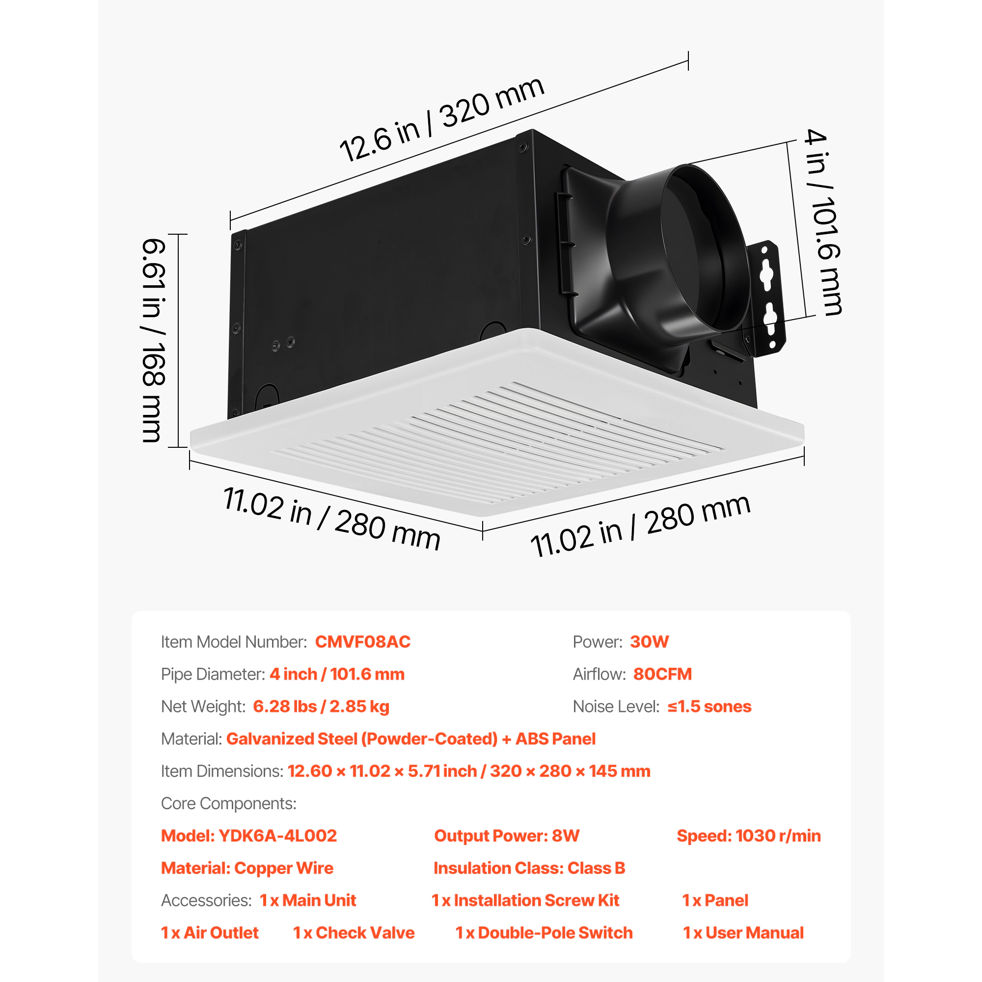 HONGGE Bathroom Exhaust Fan, Bathroom Vent, Low-Noise, Premium Motor Ceiling Fan