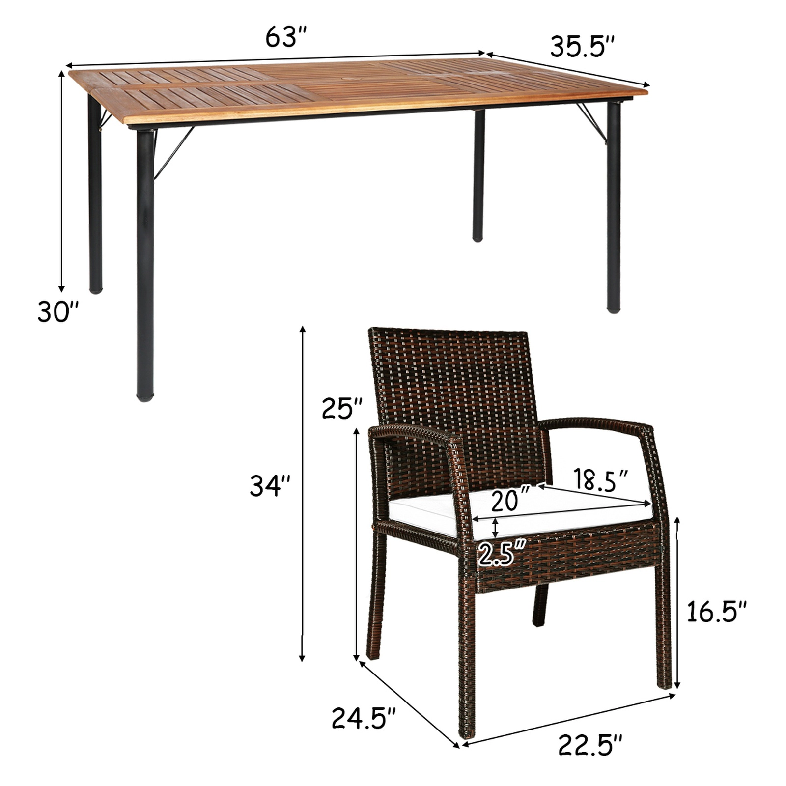 SUGIFT 7-Piece White PE Wicker Patio Dining Set, 63-Inch Table, 6 Cushioned Armchairs