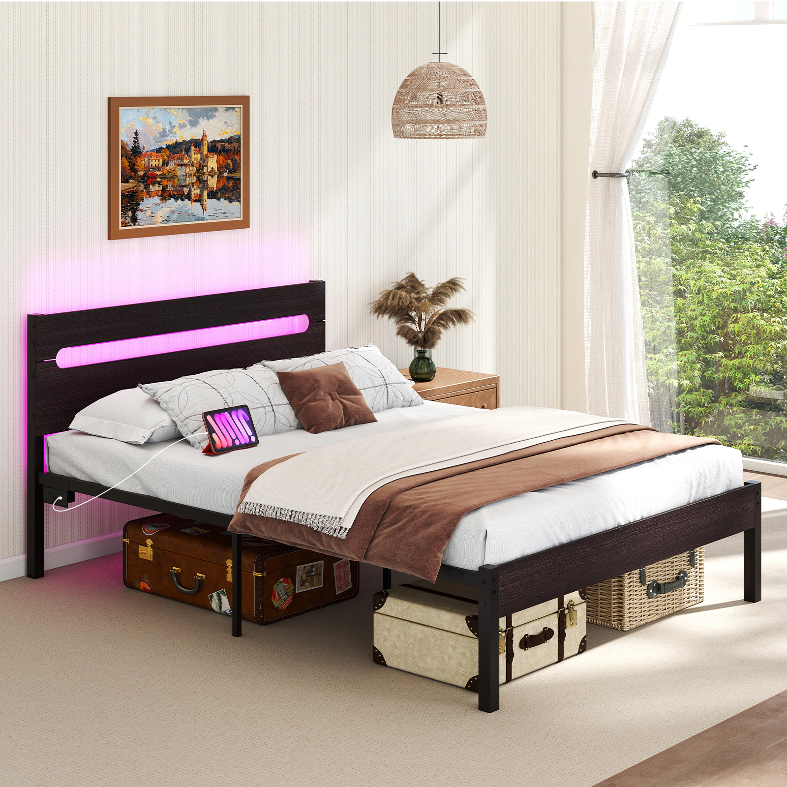 SUGIFT Metal Slats Bed Frame with Charging Station 880-lb Capacity 78-in Length Full Rustic Brown/Walnut + Black